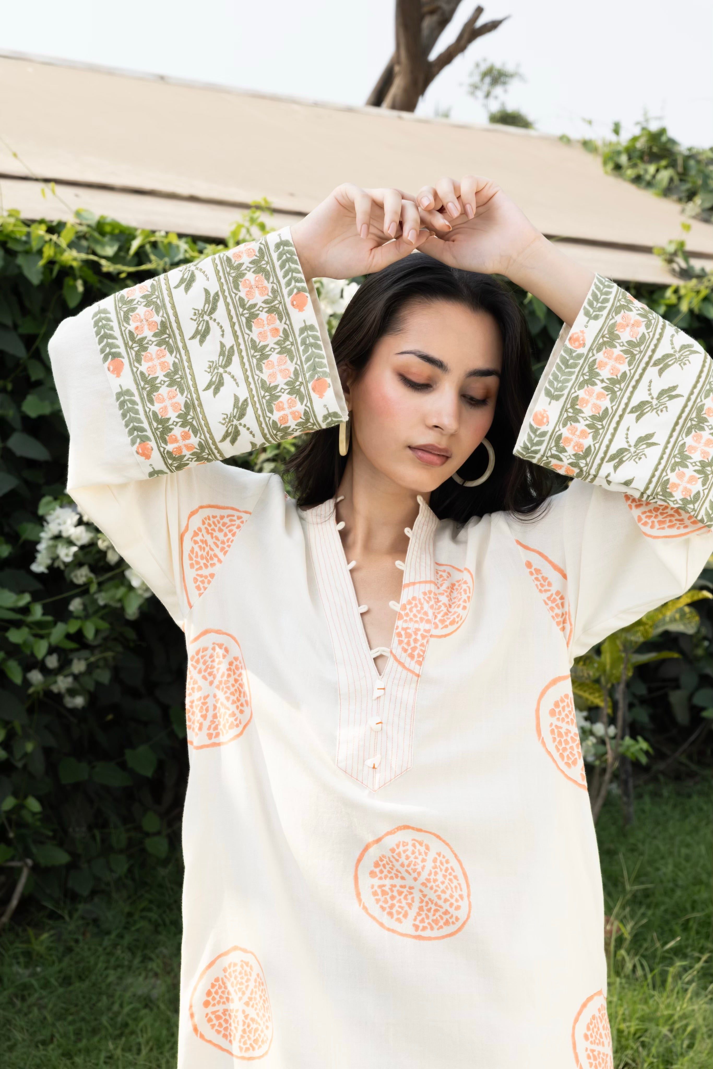 Kaftan with Front Tie-Up & Embroidered Sleeves