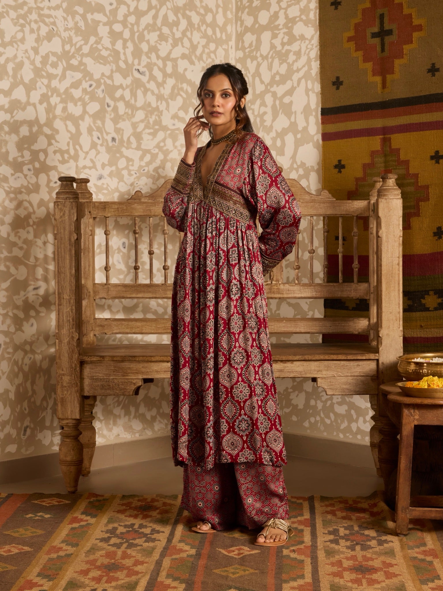 Ajrakh Red V-Neck Kurta Set