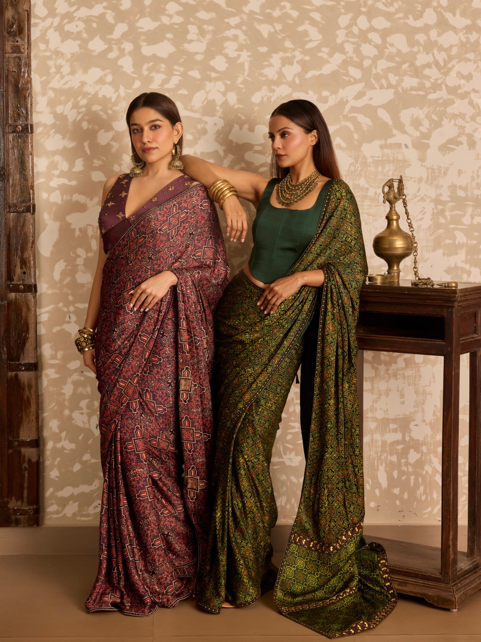 Ajrakh V neck tie up blouse with saree