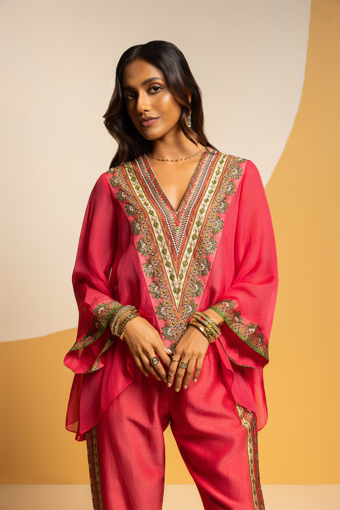 TAARANI PINK EMBELLISHED V NECK CO-ORD SET