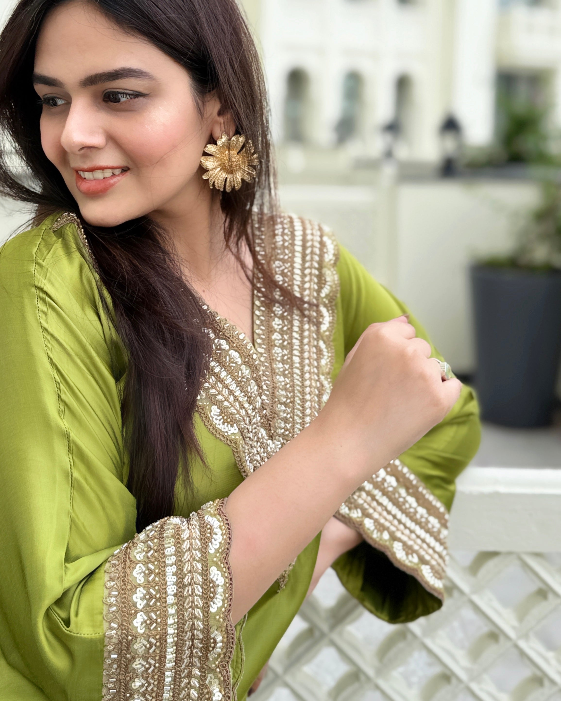 Aanchal Jain in Olive Green Hand embroidery Phiran Kurta Set