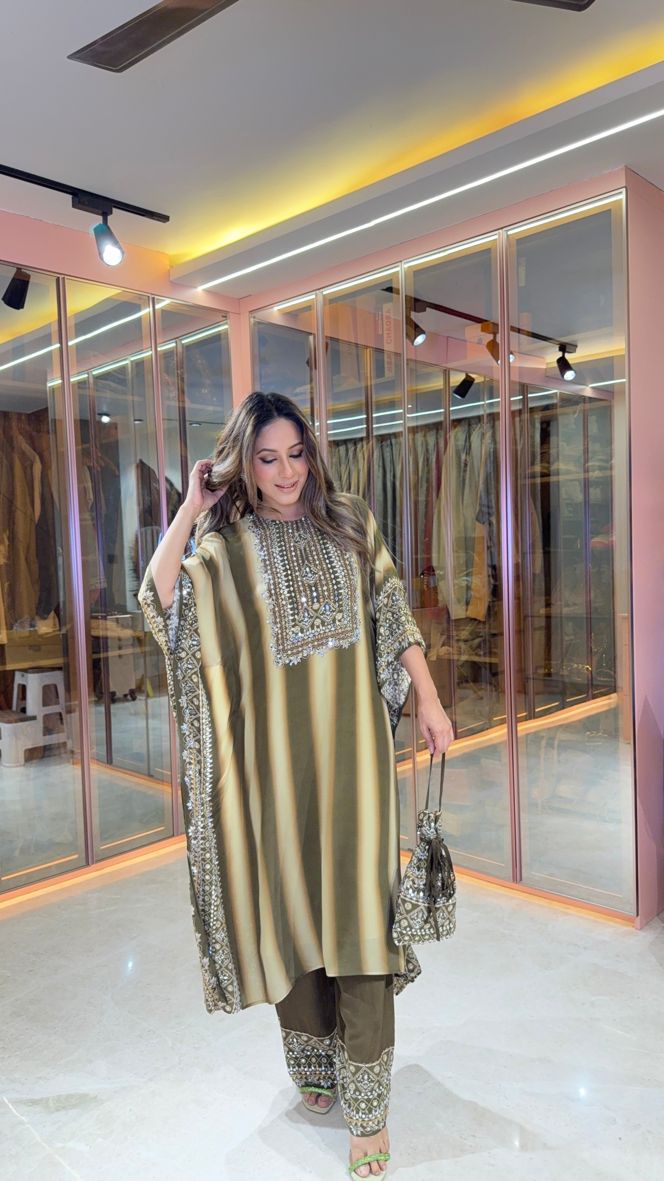 Aanchal Jain in Salma Sitara Black & Beige Kaftan Set