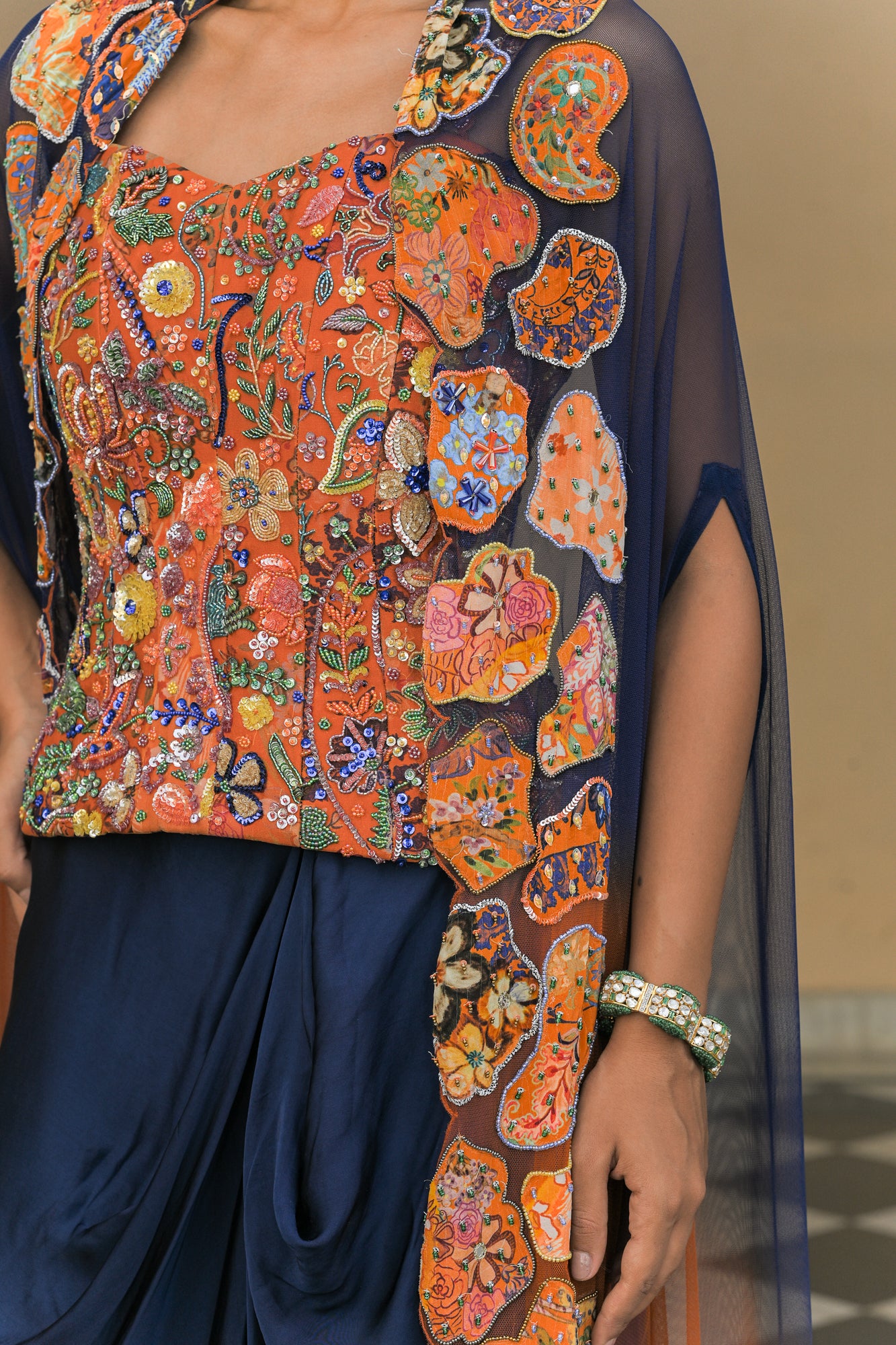Amber Bloom Highlight Corset Paired with Navy Blue Cowl Skirt Set