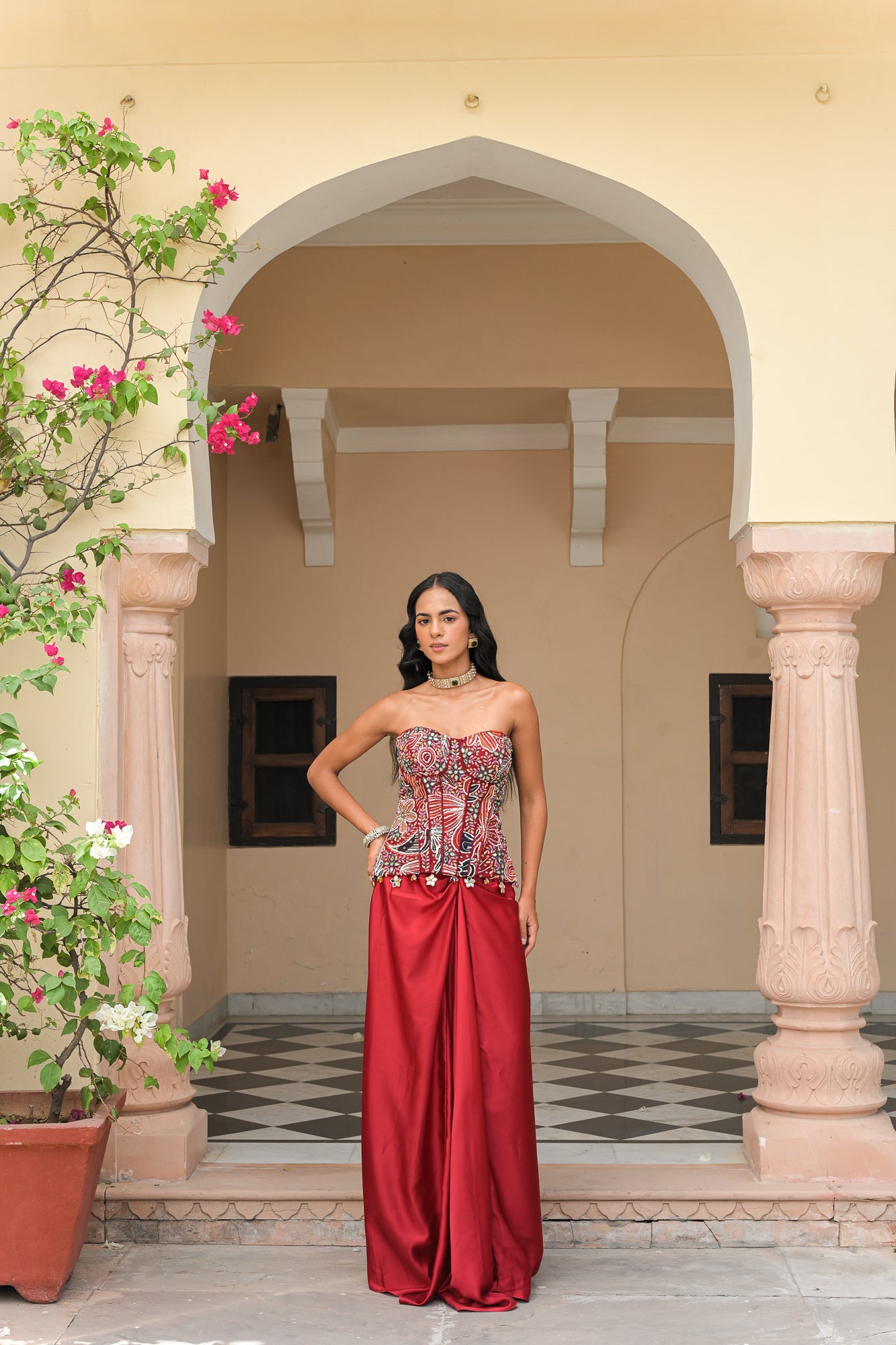 Scarlet Bloom Embroidered Corset with Throw Milano Skirt