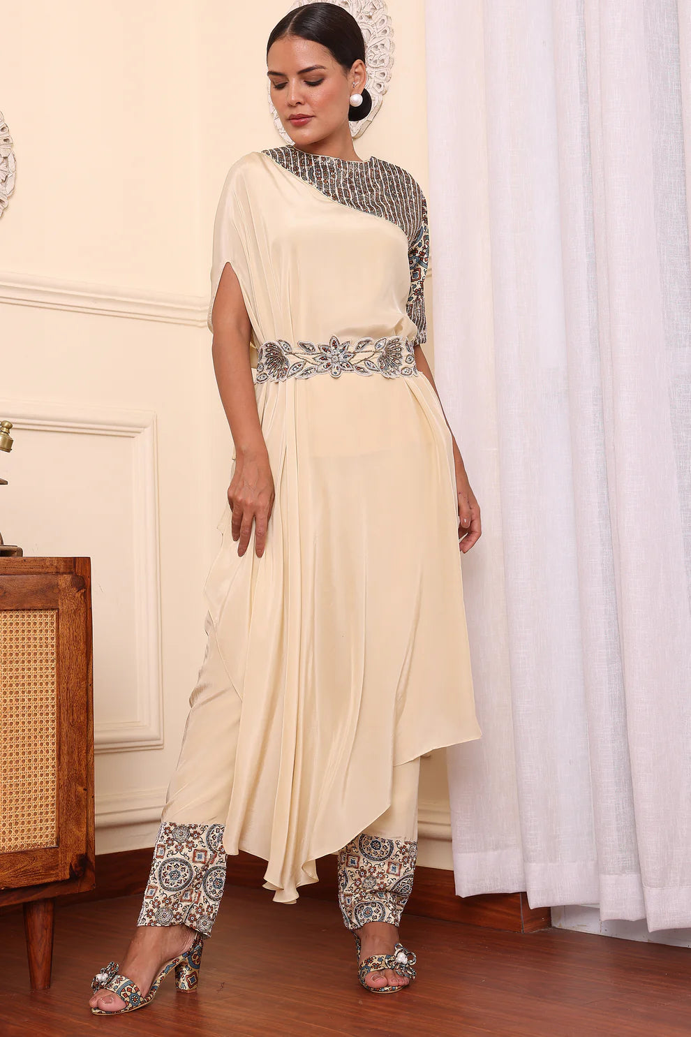 Beige Ajrakh Embroidered Asymmetric Kaftan With Pants