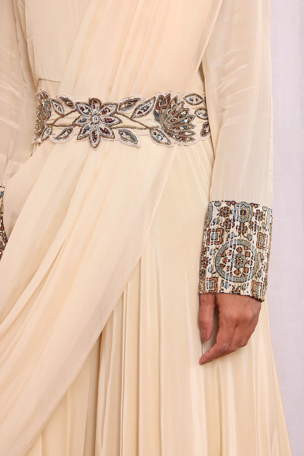 Beige Drape Jumpsuit With Attached Dupatta And Waistband