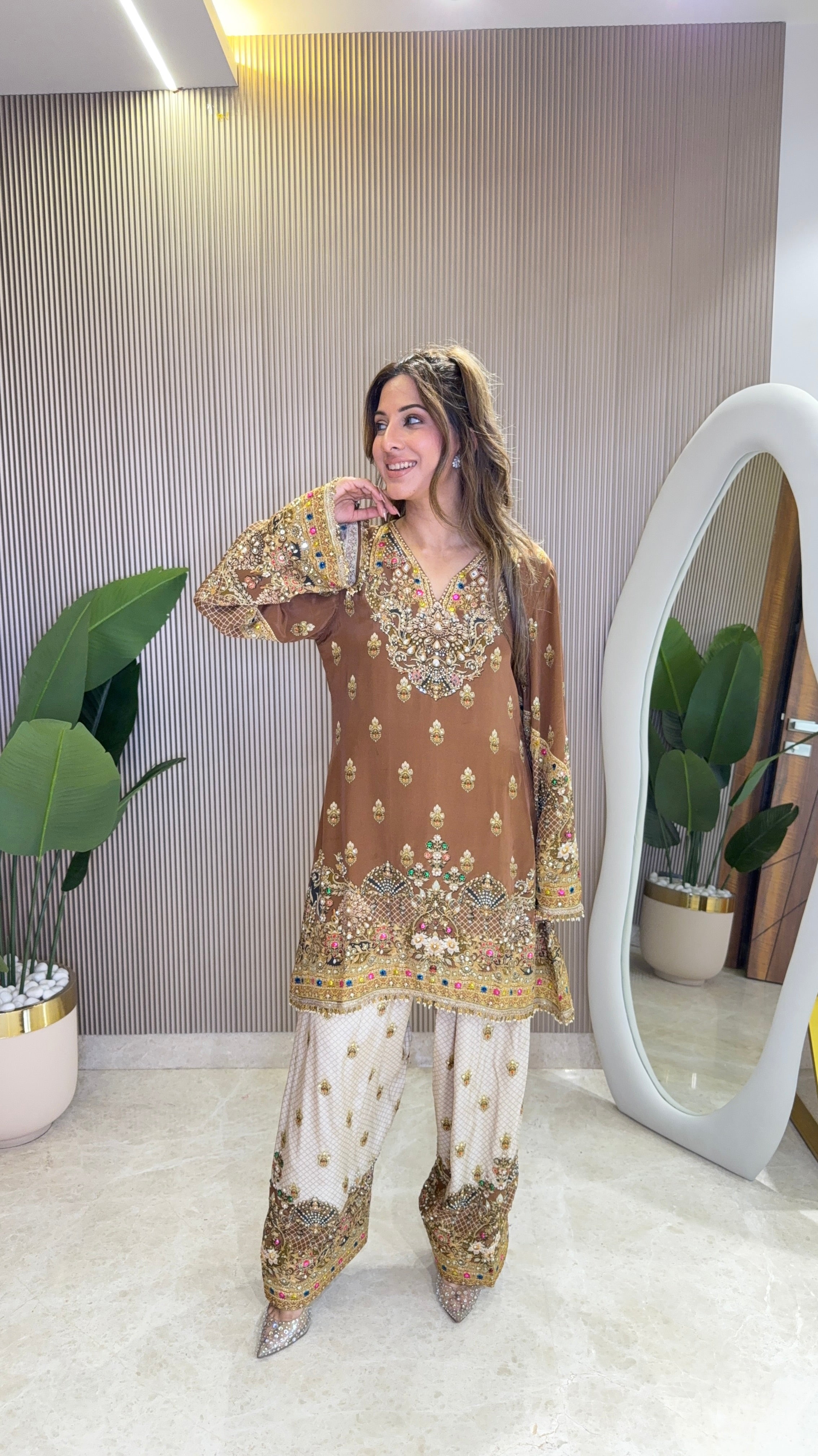 Rah Yellow - Brown Kurti with Farshi Salwar & Dupatta