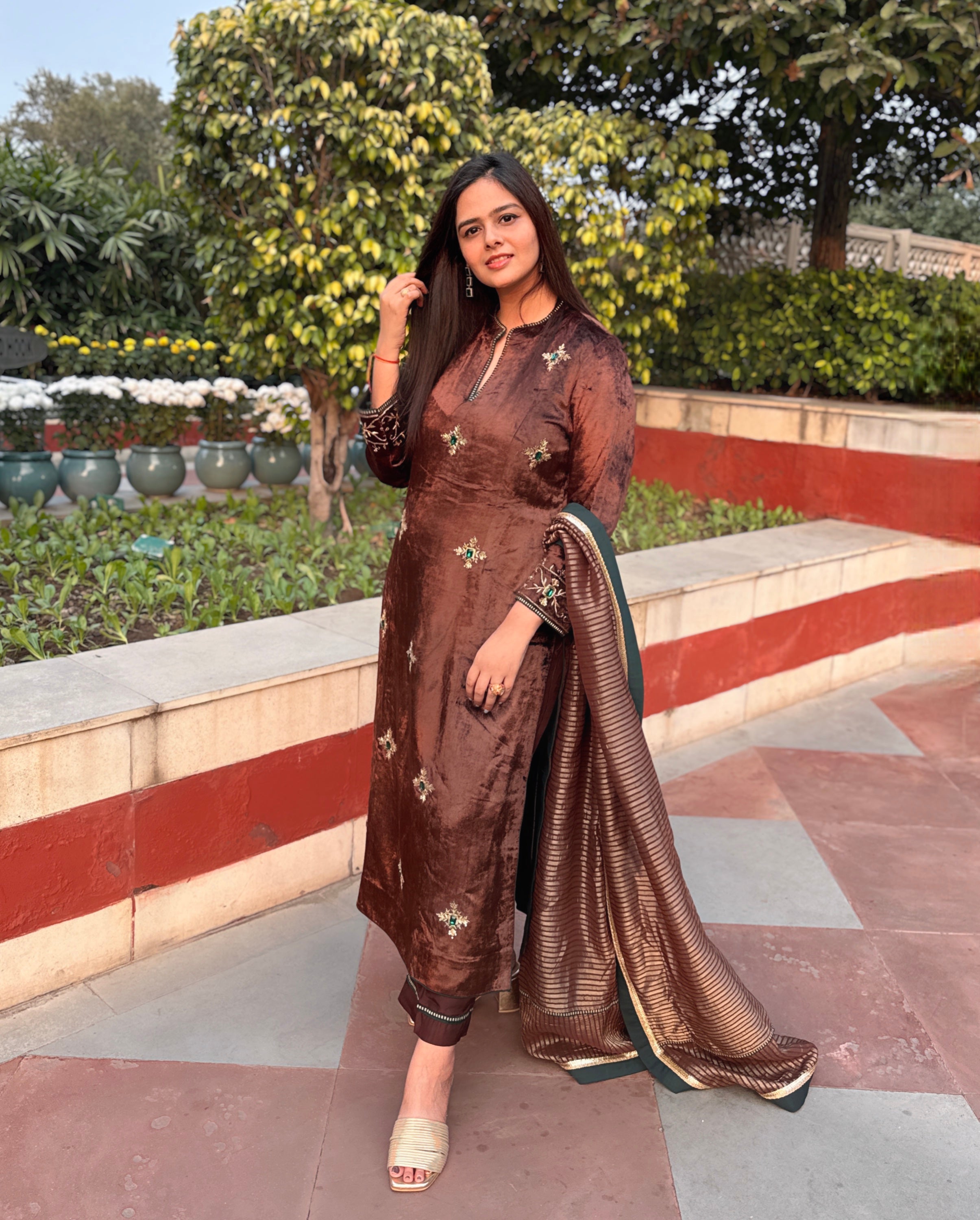 Mocha Hand Embroidered Velvet Straight Kurta Set