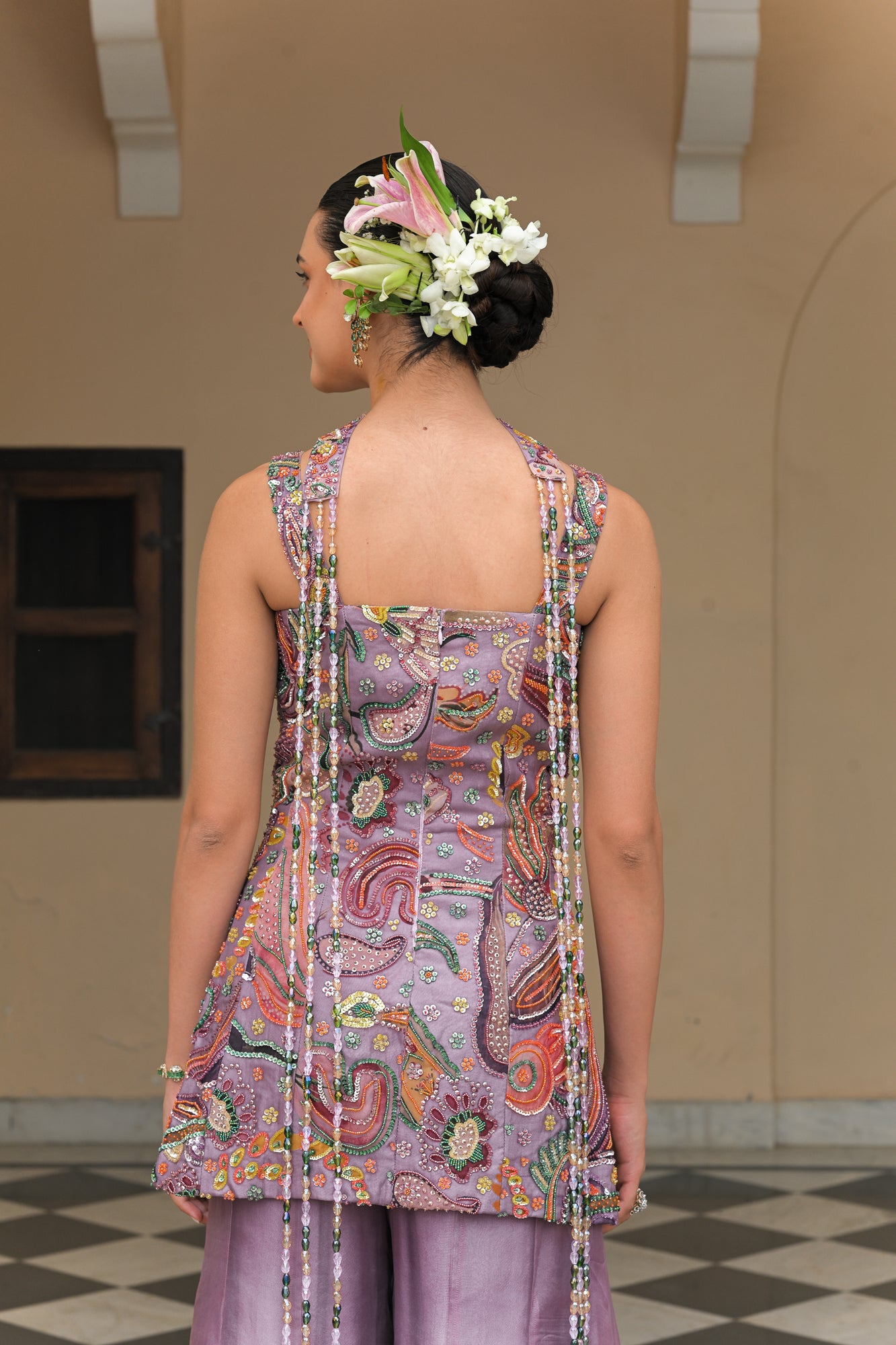 Violet Bloom Embroidered Kurta with Kali Panel Pants & Neck Tassel Dupatta