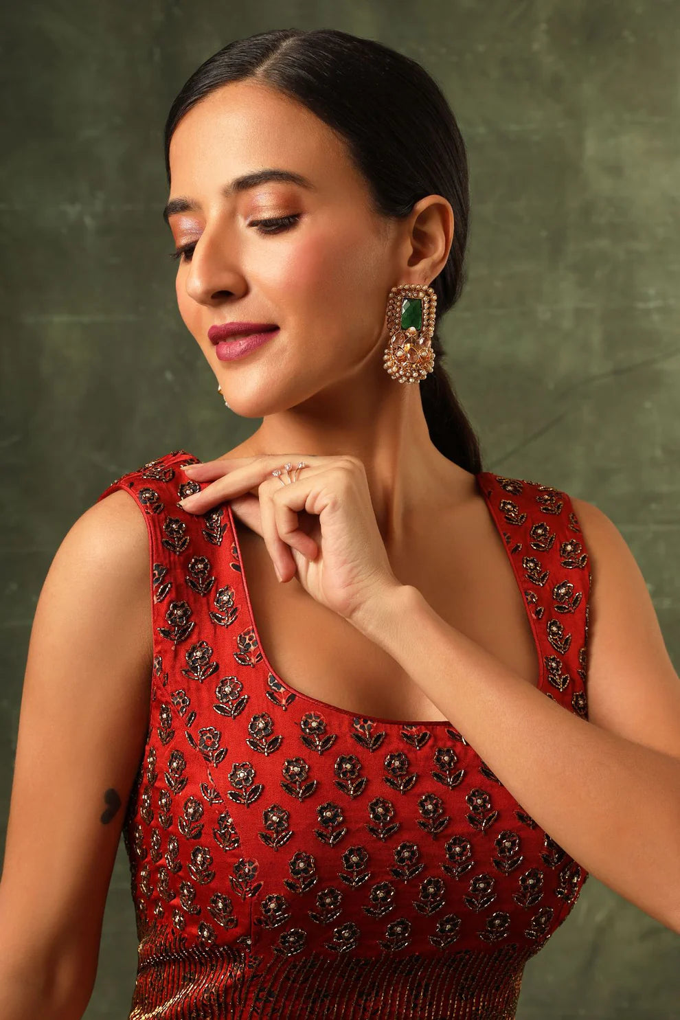 Red Ajrakh Blouse And Double Layered Flare Pants With Cape Dupatta