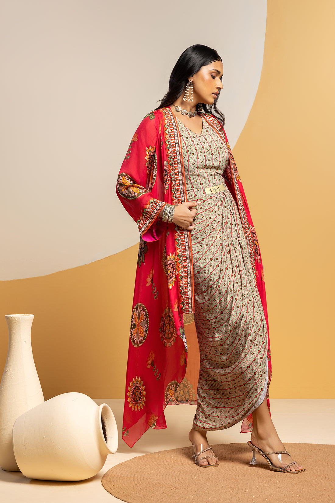 TAARANI PINK EMBELLISHED DRAPE DRESS SET
