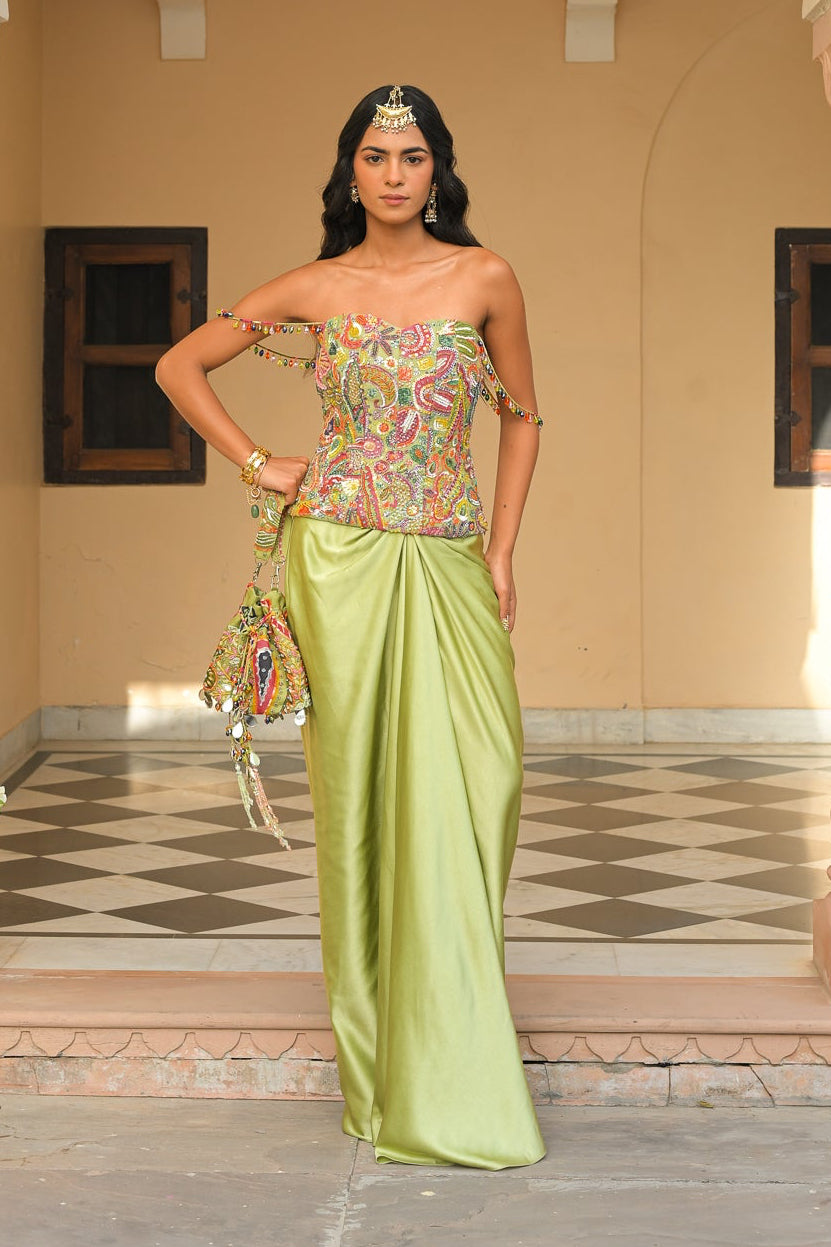 Olive Bloom Embroidered Corset with Throw Milano Skirt