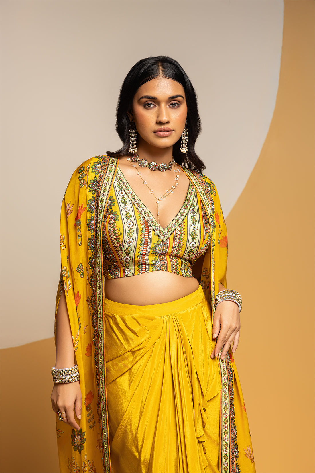 TAARANI YELLOW EMBELLISHED DRAPE SKIRT SET