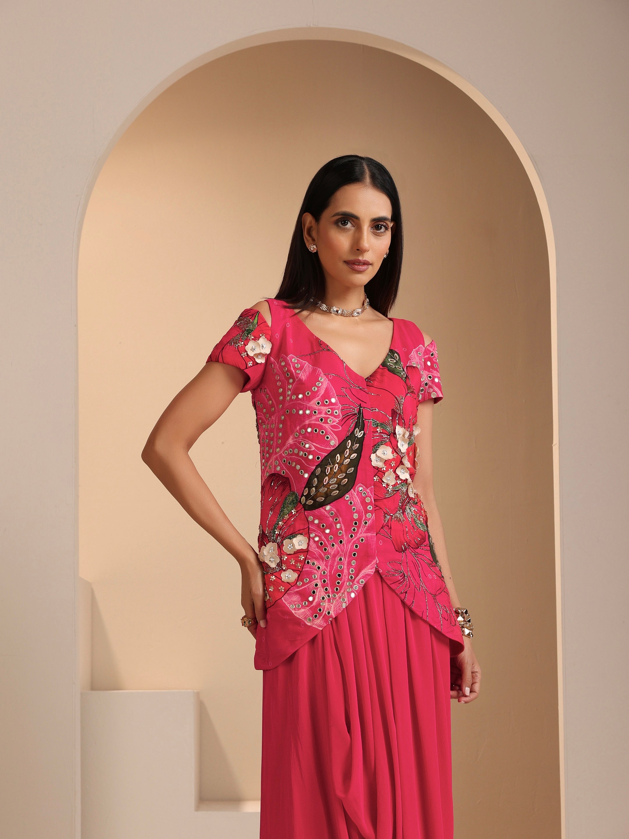 Safaa Hand Embroidered Jacket with Draped Skirt