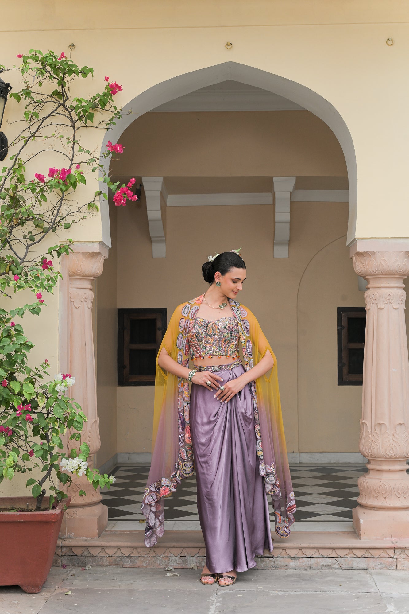 Violet Corset Blouse with Cowl Skirt and Dual Applique Cape Set