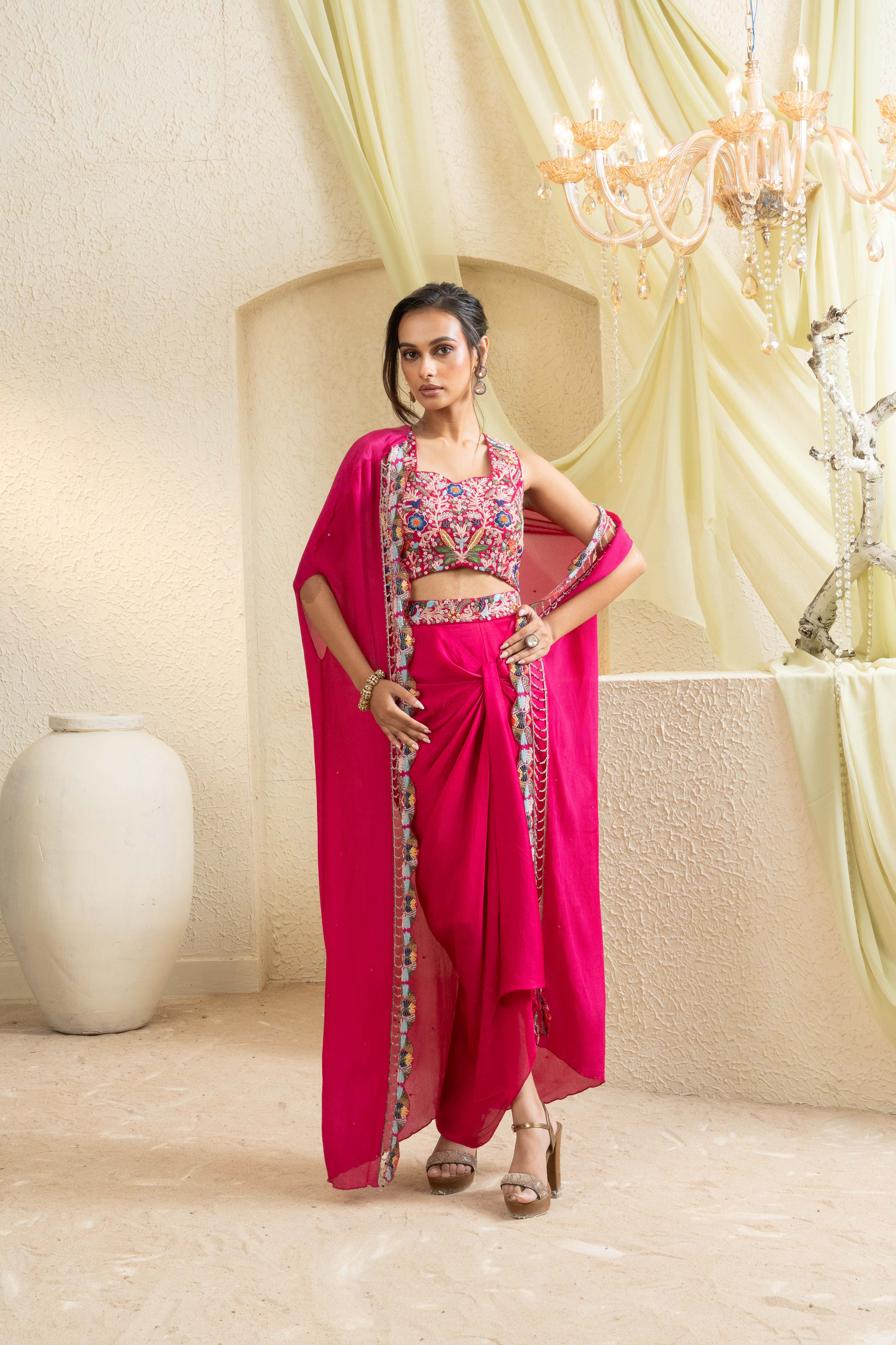 Fuchsia Bloom Embroidered Draped Skirt Set