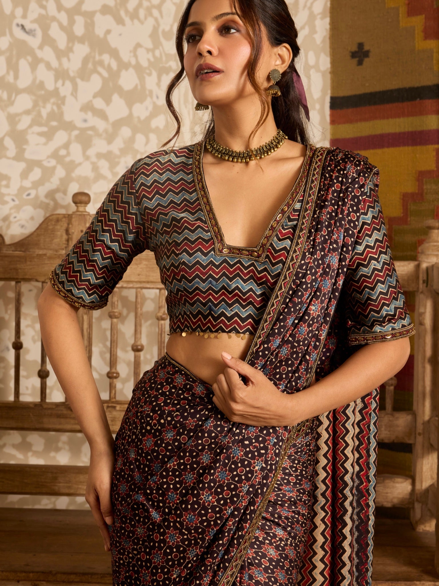 Ajrakh Deep neck Blouse with Saree