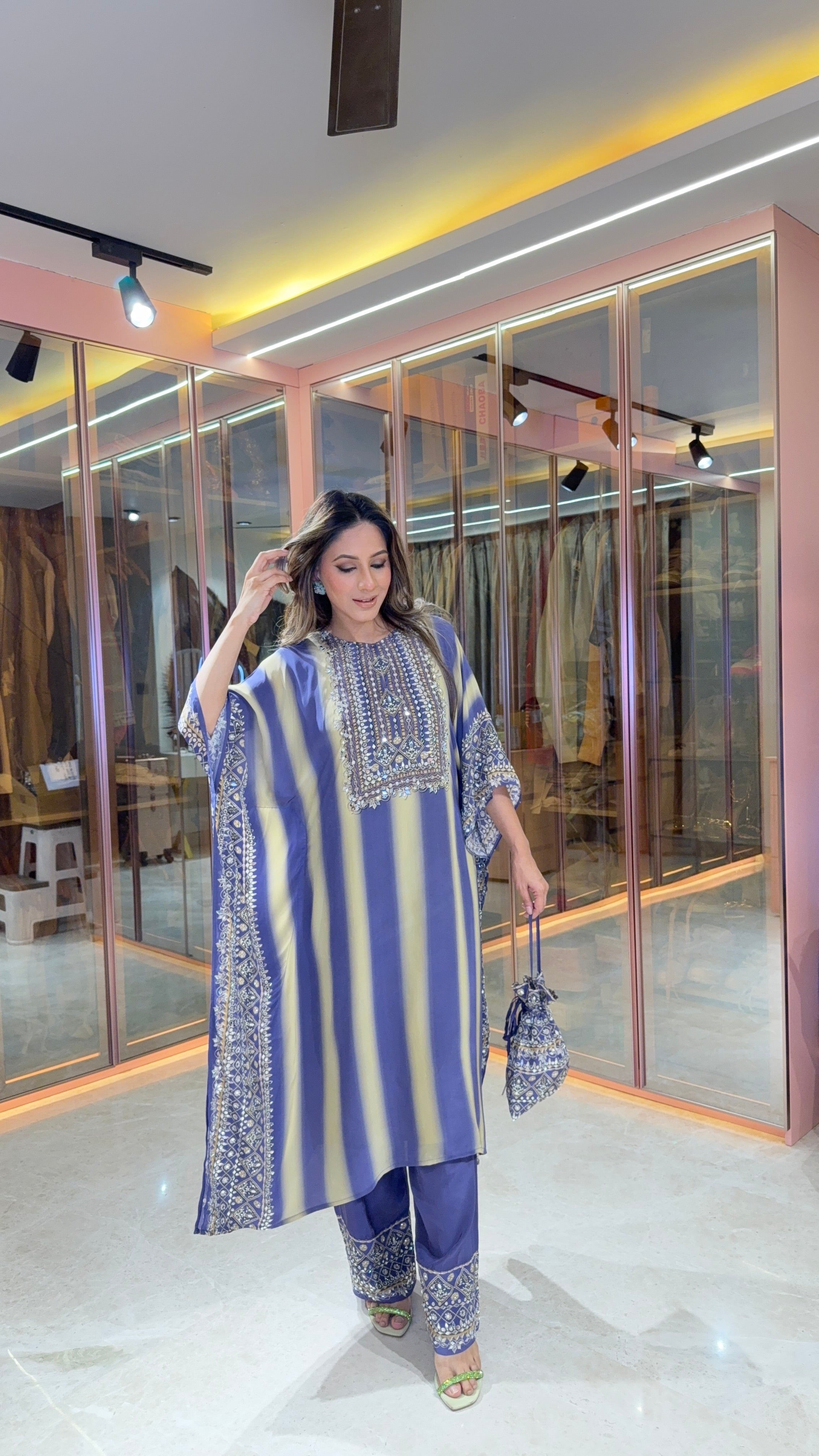 Aanchal Jain in Salma Sitara Black & Beige Kaftan Set