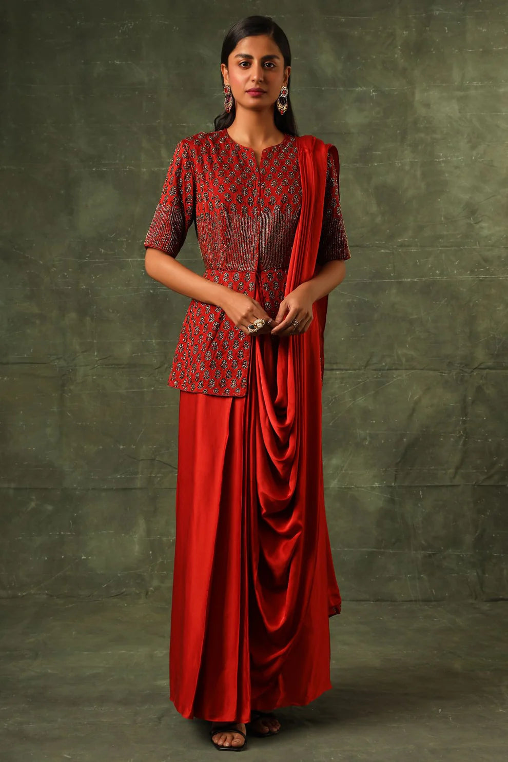 Red Ajrakh Gown Saree