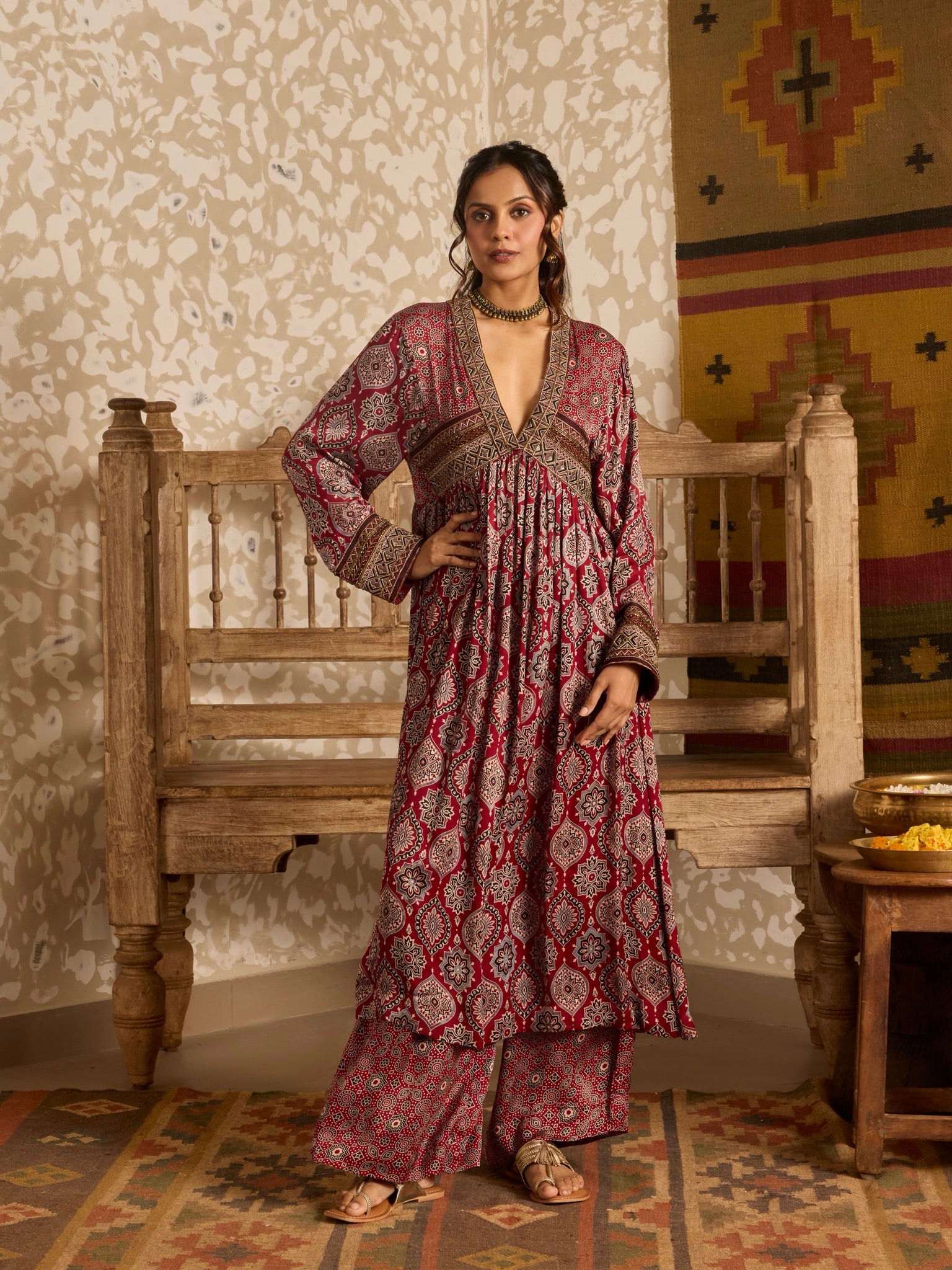Ajrakh Red V-Neck Kurta Set