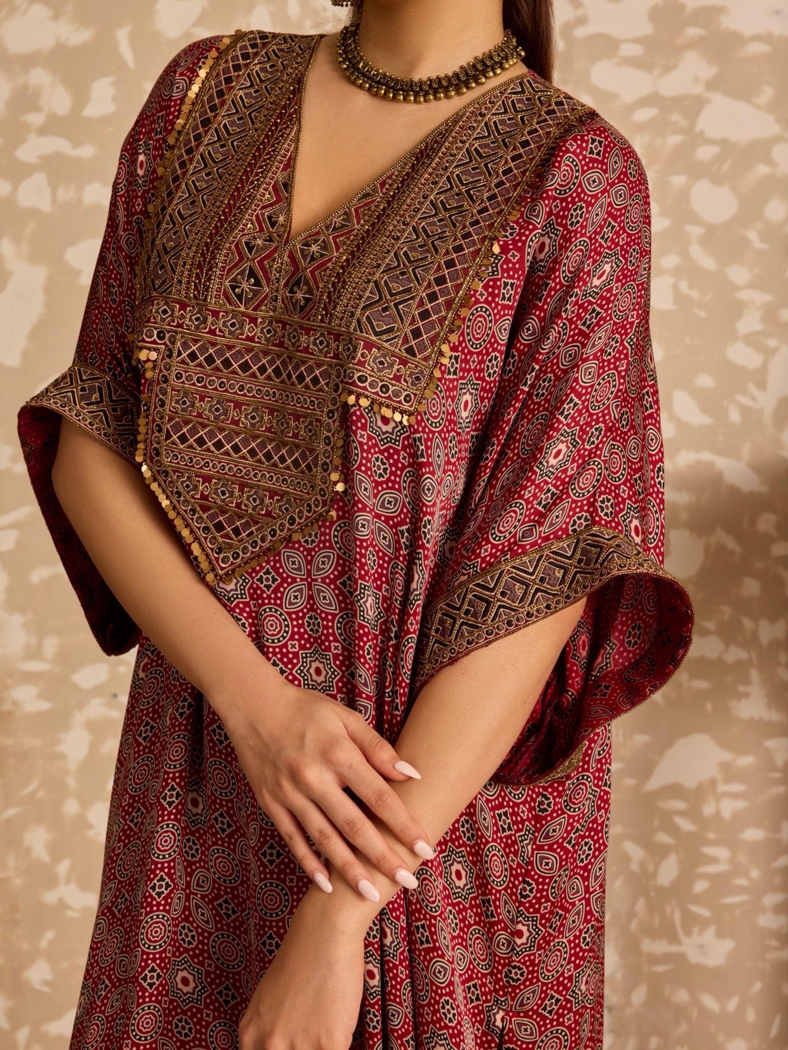 Ajrakh Red Long Kaftan Kurta set