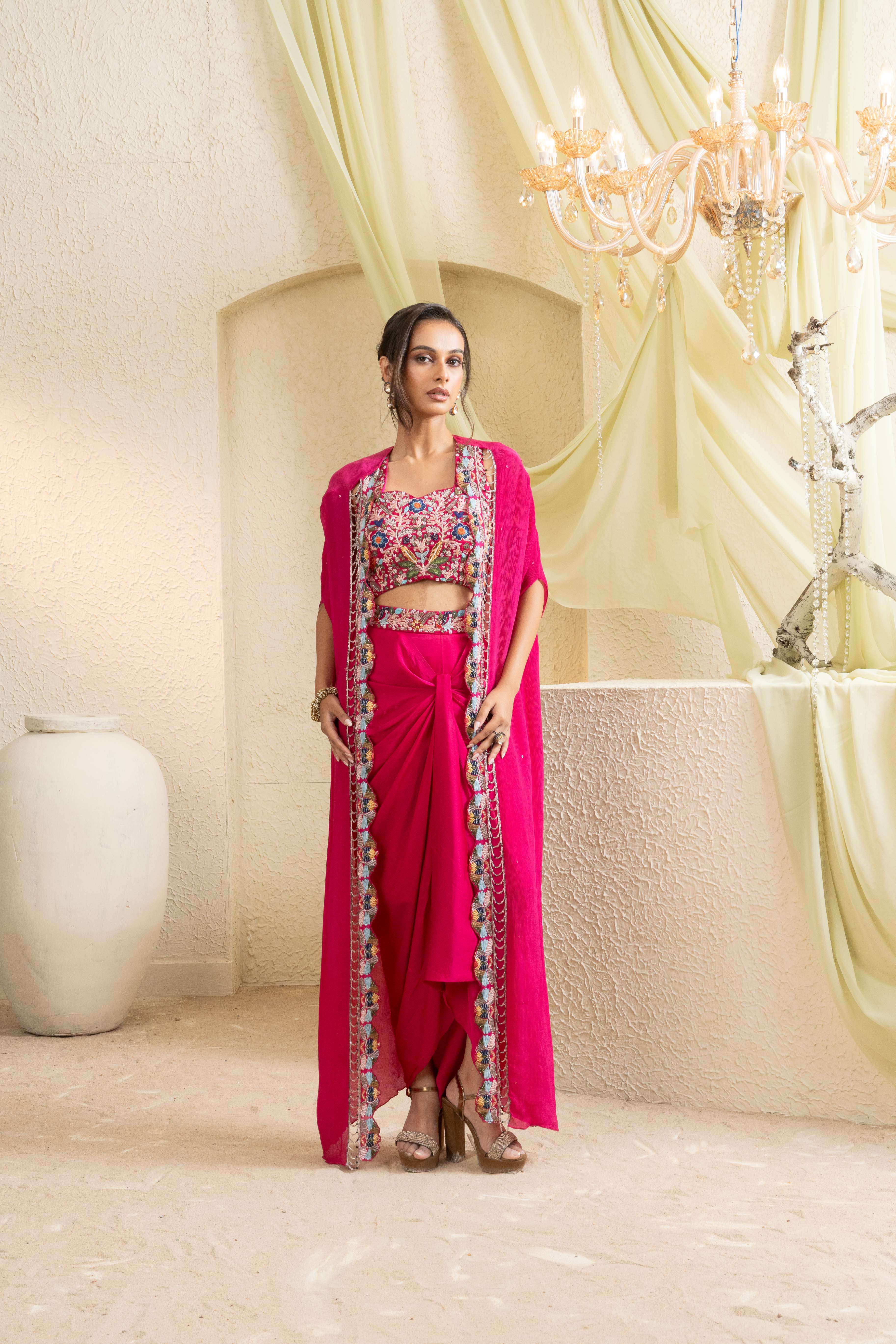 Fuchsia Bloom Embroidered Draped Skirt Set