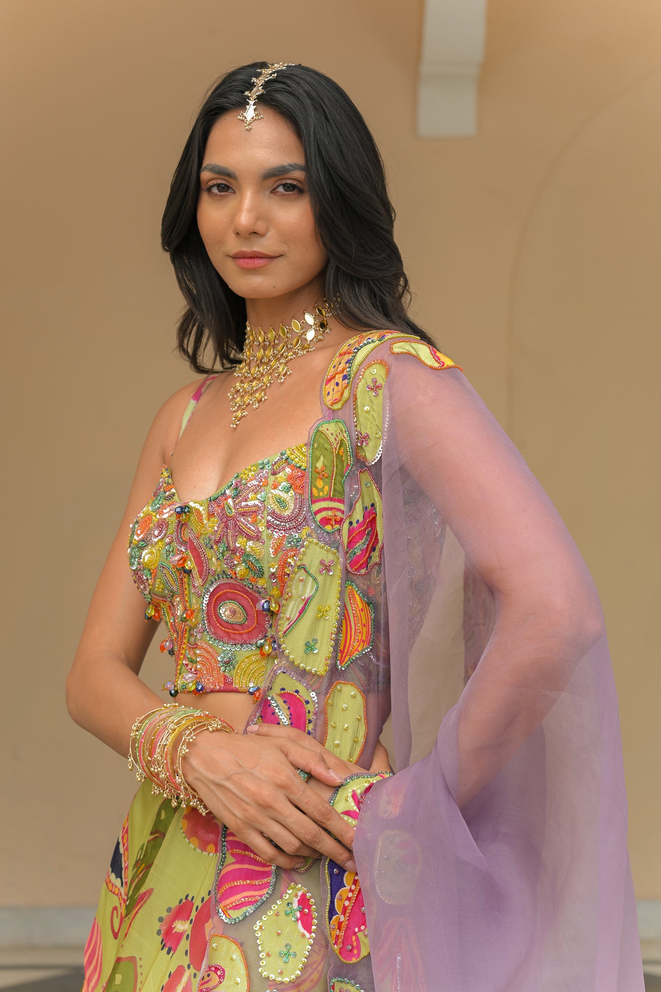 Olive Bloom Lehenga with Corset and Shaded Applique Dupatta