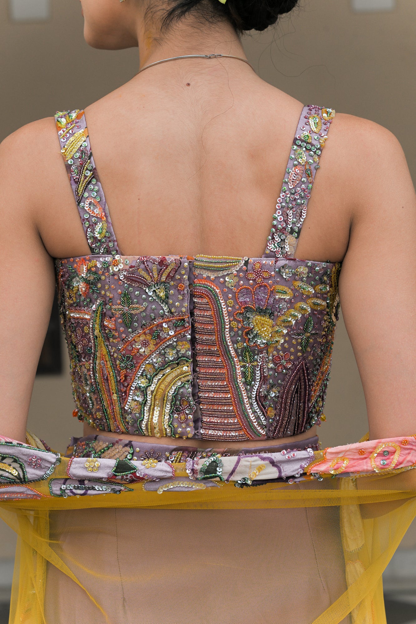 Violet Corset Blouse with Cowl Skirt and Dual Applique Cape Set