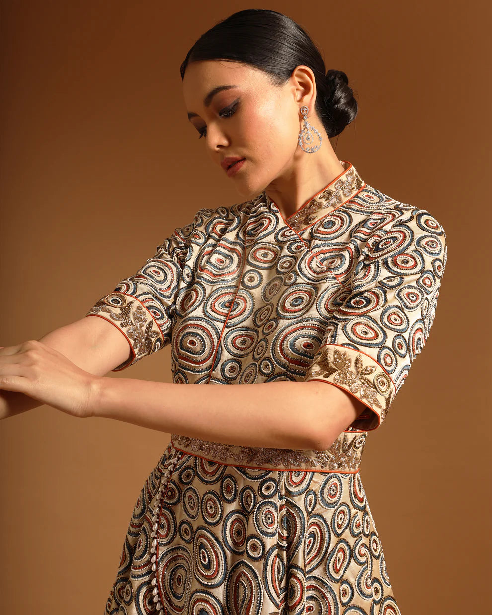 Beige Ajrak Embellished Peplum Jumpsuit