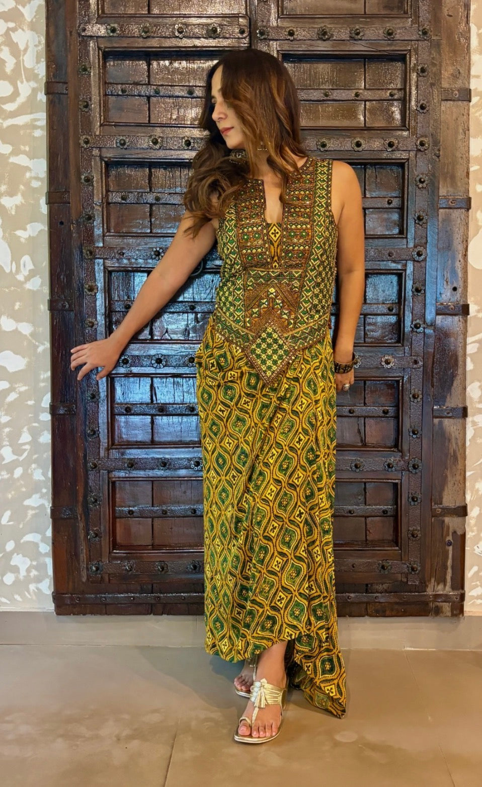 Ajrakh Tie Up Top with Drape Skirt Set