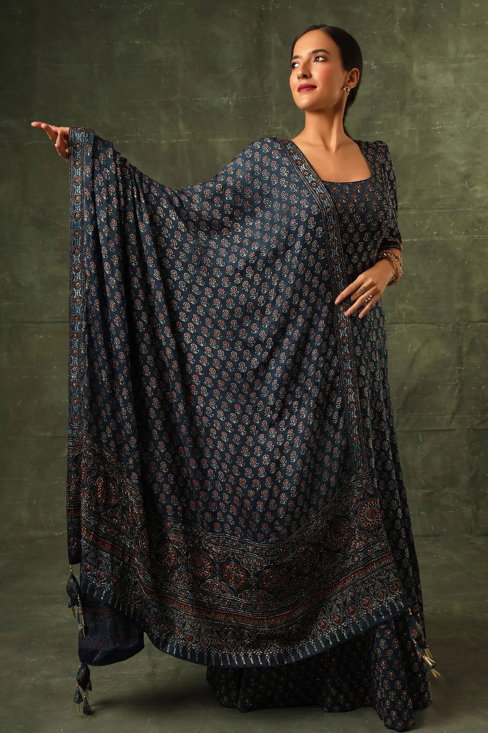 Blue Ajrakh Anarkali With Dupatta