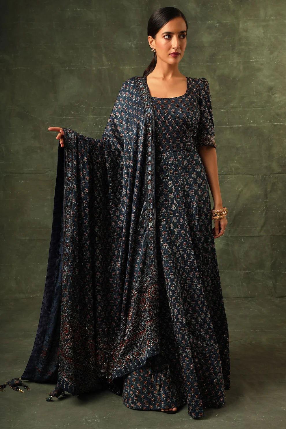 Blue Ajrakh Anarkali With Dupatta