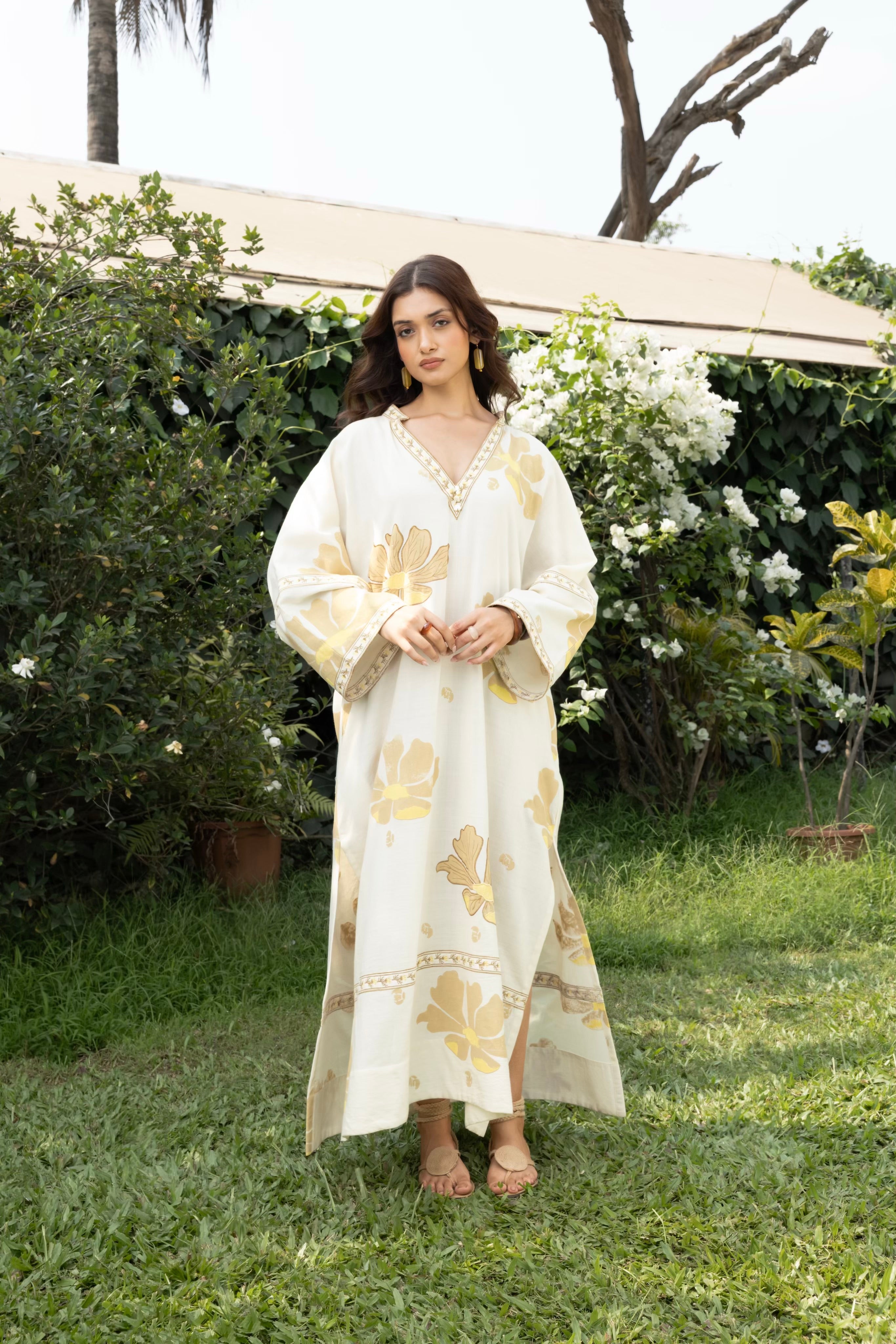 Oversized V-Neck Kaftan with Border Detail