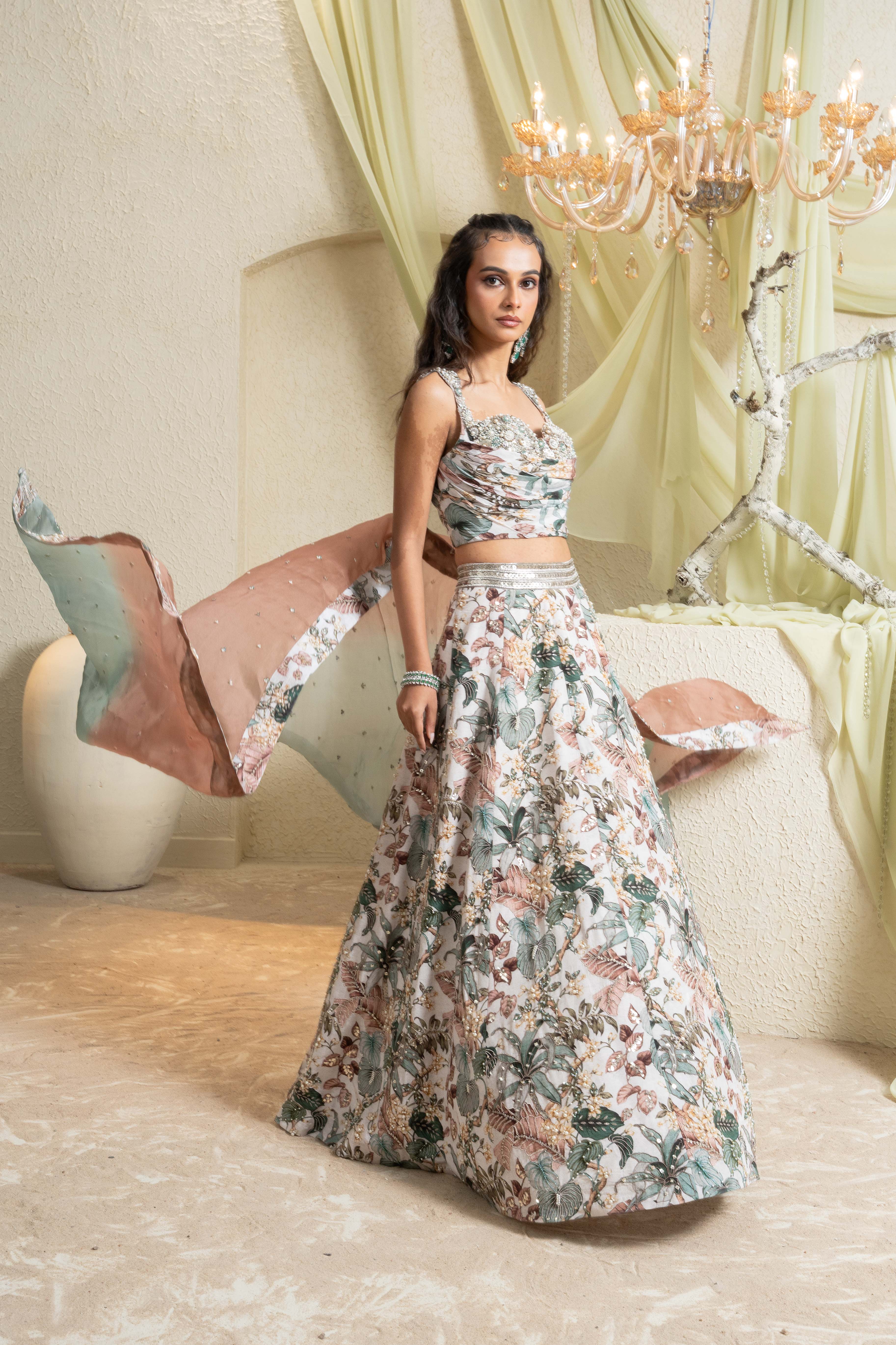 Muted Garden Intricate Hand Embroidered Lehenga Set