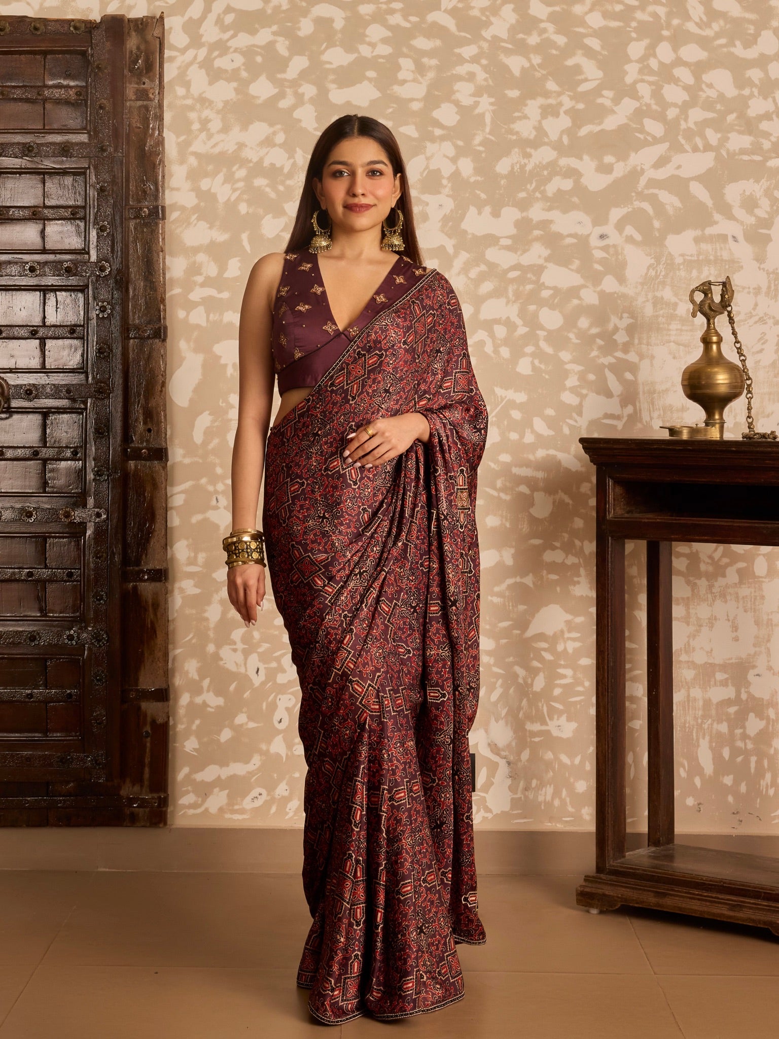 Ajrakh V neck tie up blouse with saree