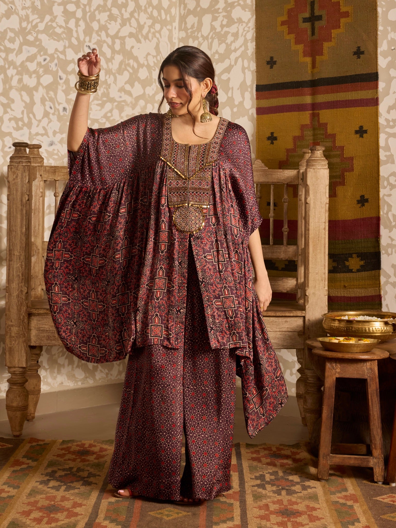 Ajrakh Red Short Kaftan Set