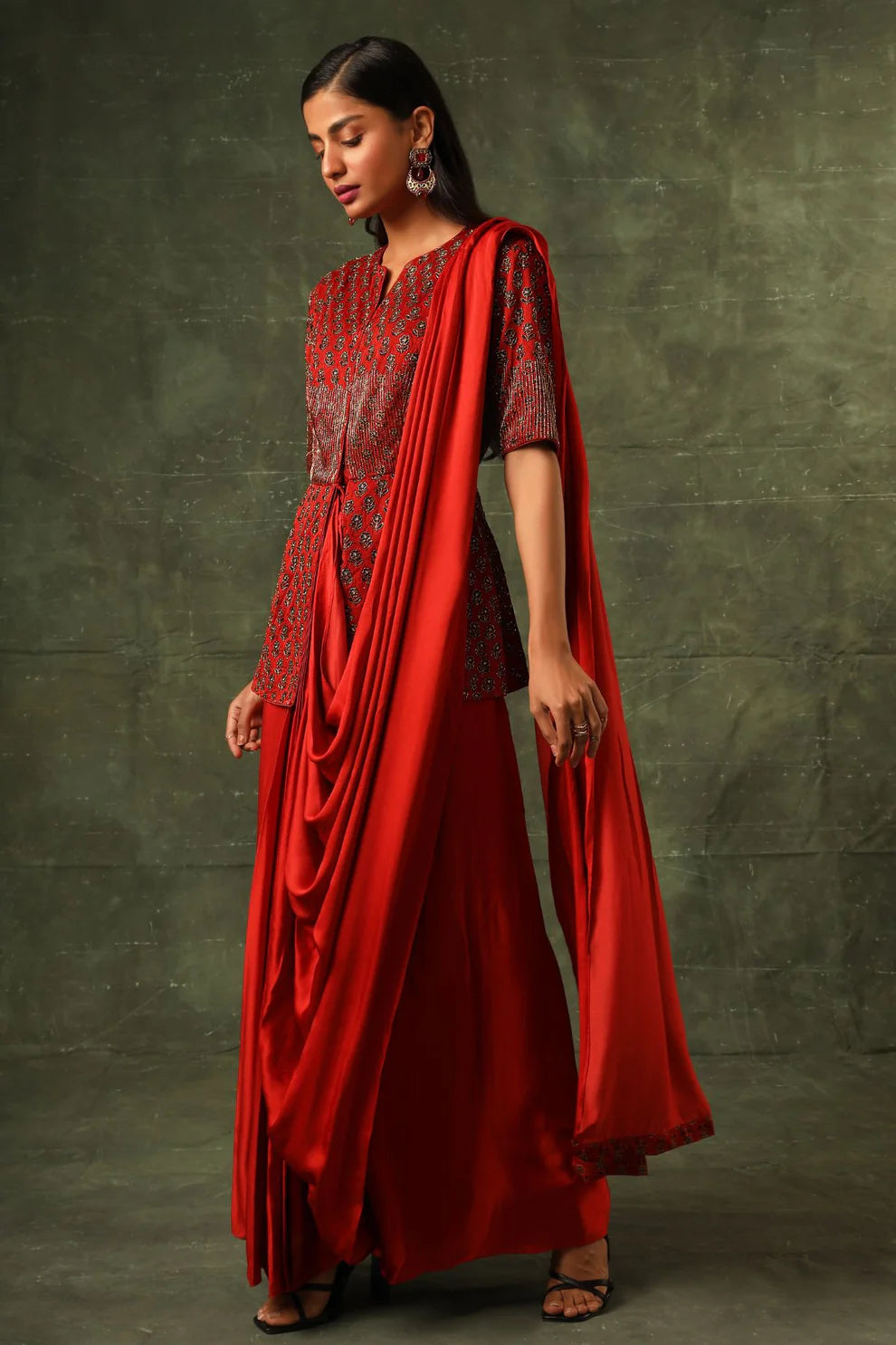 Red Ajrakh Gown Saree