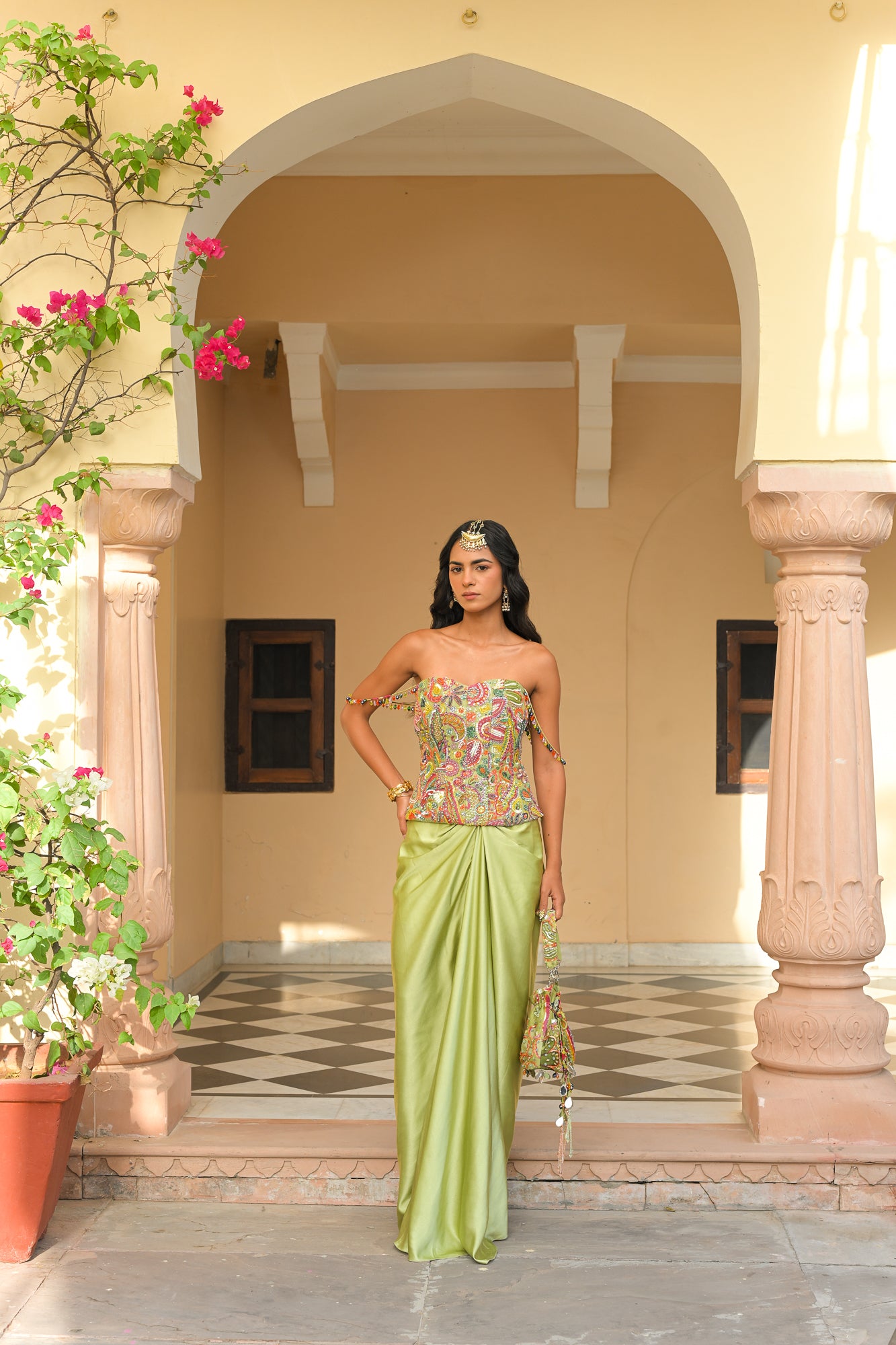 Olive Bloom Embroidered Corset with Throw Milano Skirt