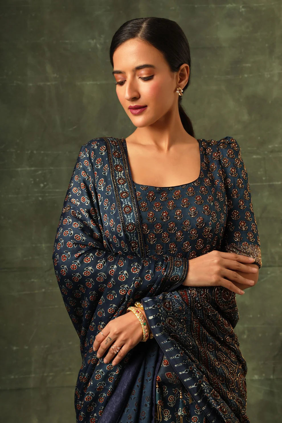 Blue Ajrakh Anarkali With Dupatta