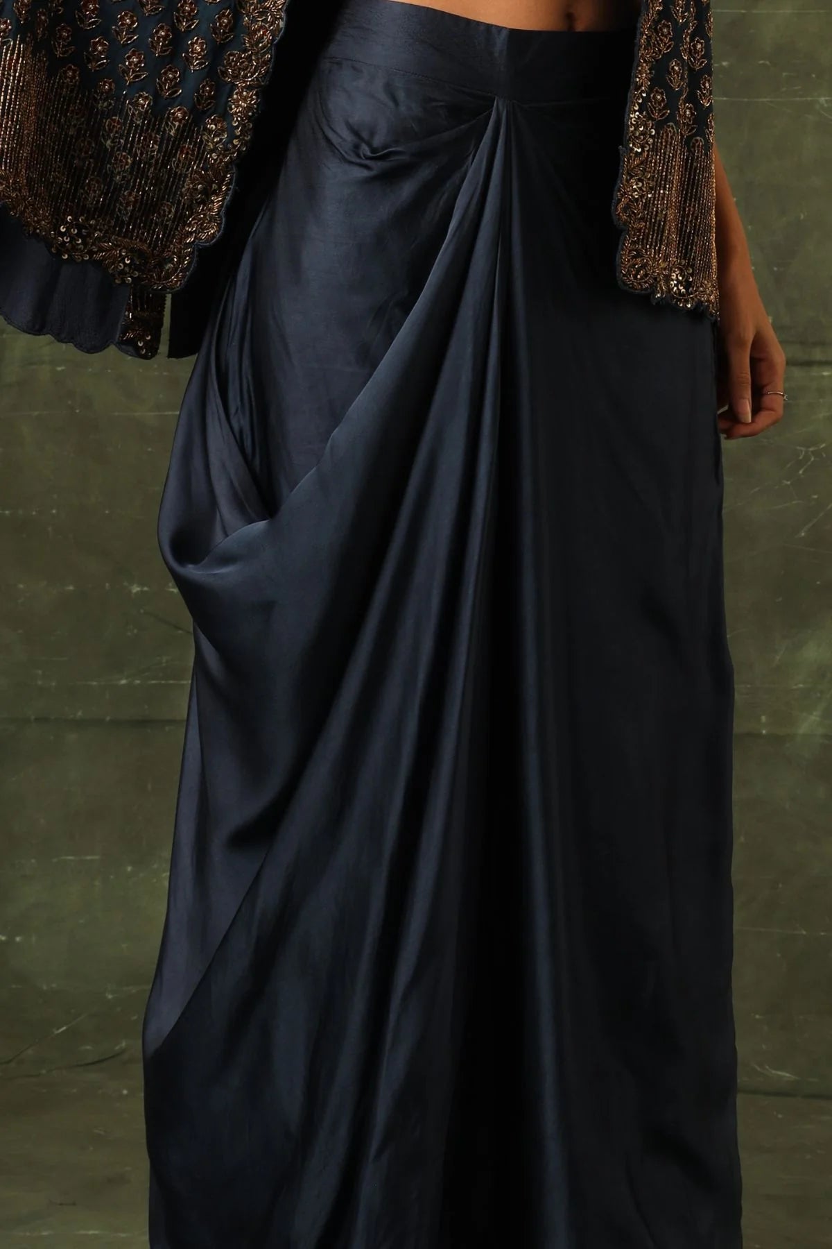 Blue Ajrakh Cape Jacket With Blouse and Drape Dhoti