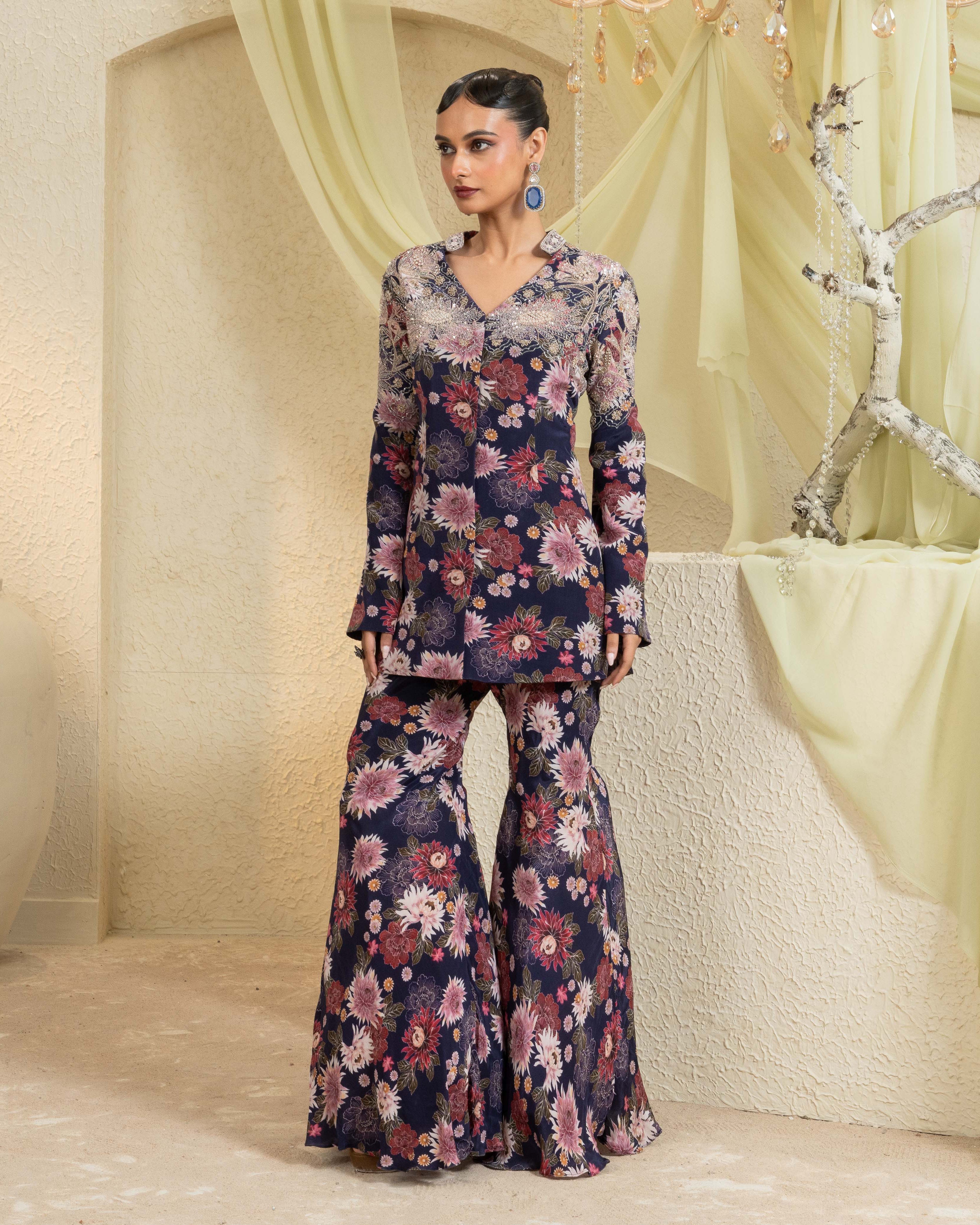 Twilight Bloom Hand-Embroidered Jacket Set