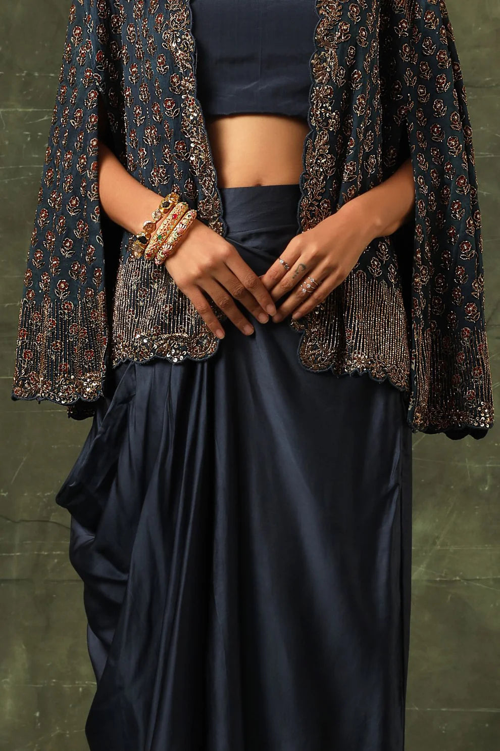 Blue Ajrakh Cape Jacket With Blouse and Drape Dhoti