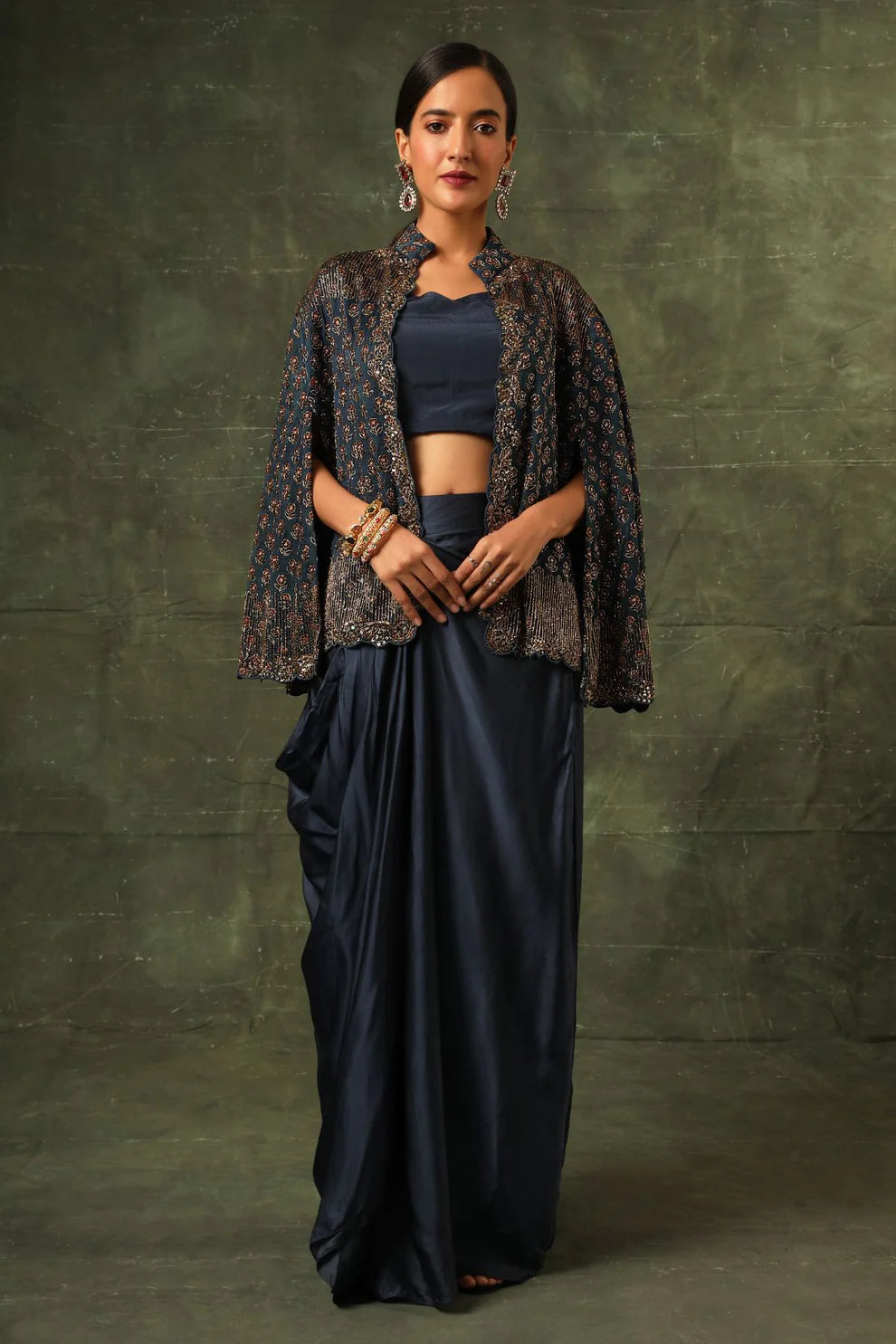 Blue Ajrakh Cape Jacket With Blouse and Drape Dhoti