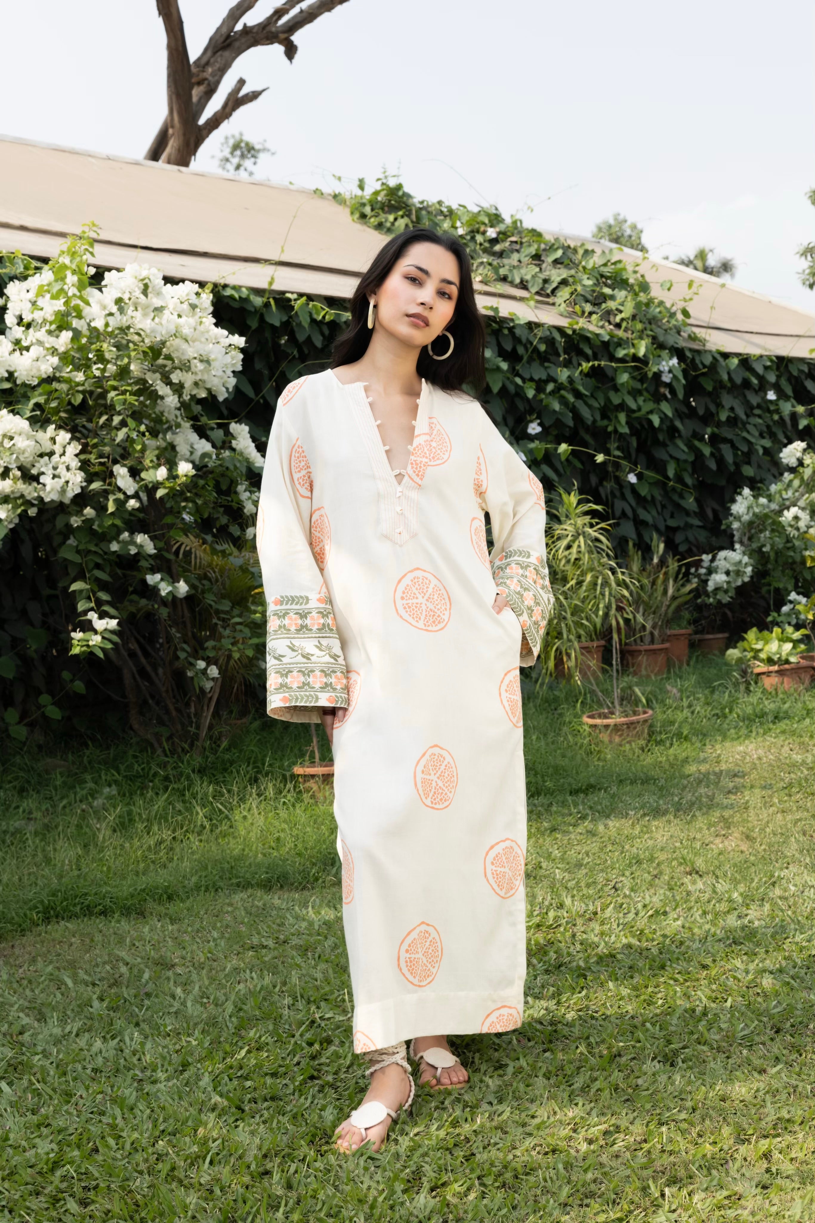 Kaftan with Front Tie-Up & Embroidered Sleeves