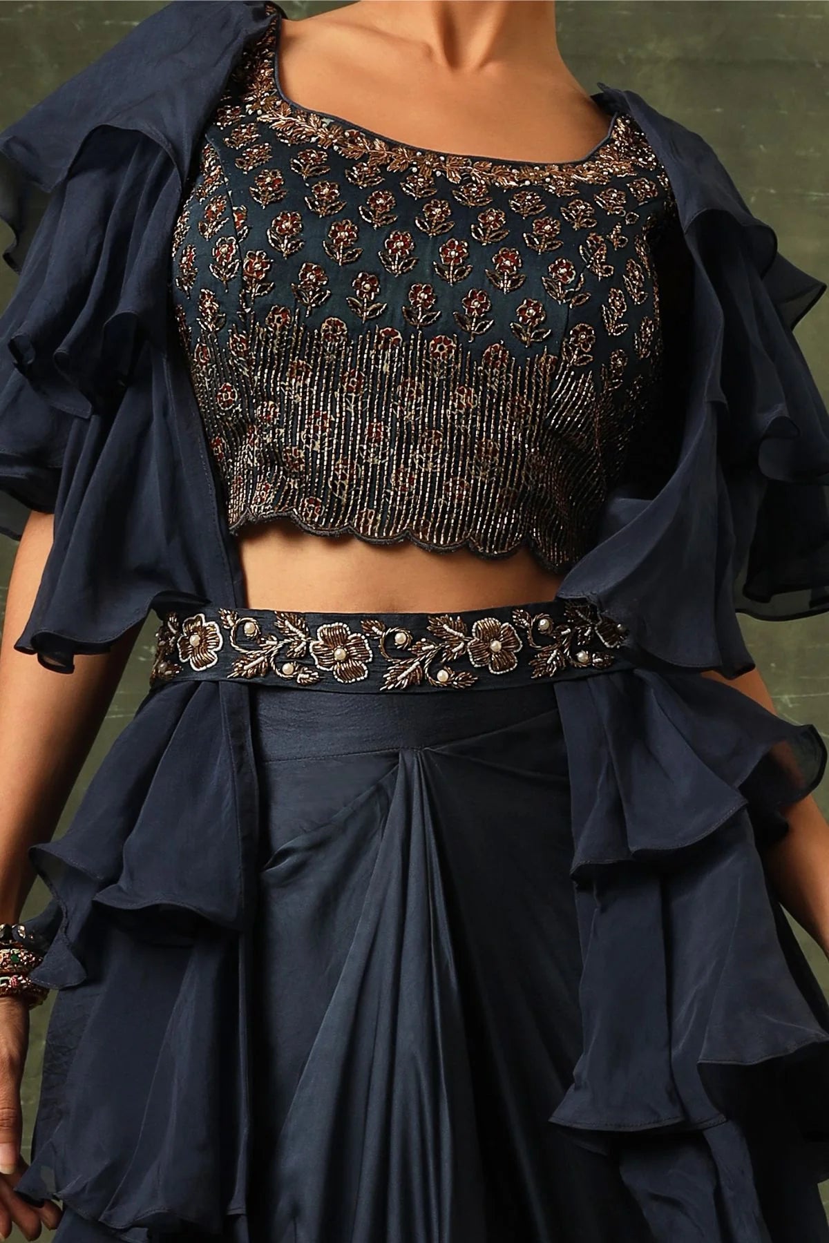 Blue Ajrakh Blouse And Layered Jacket With Embroiderd Waisrband And Drape Dhoti