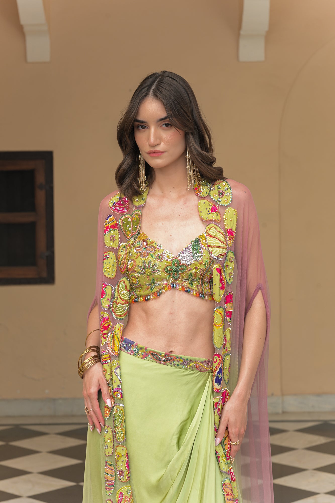 Olive Bloom Bralette with Cowl Skirt and Applique Cape Set