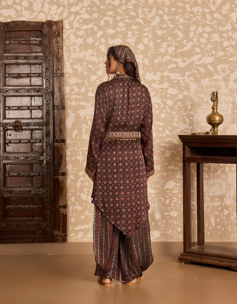 Ajrakh Long Jacket with Bralette & Drape Pants Set
