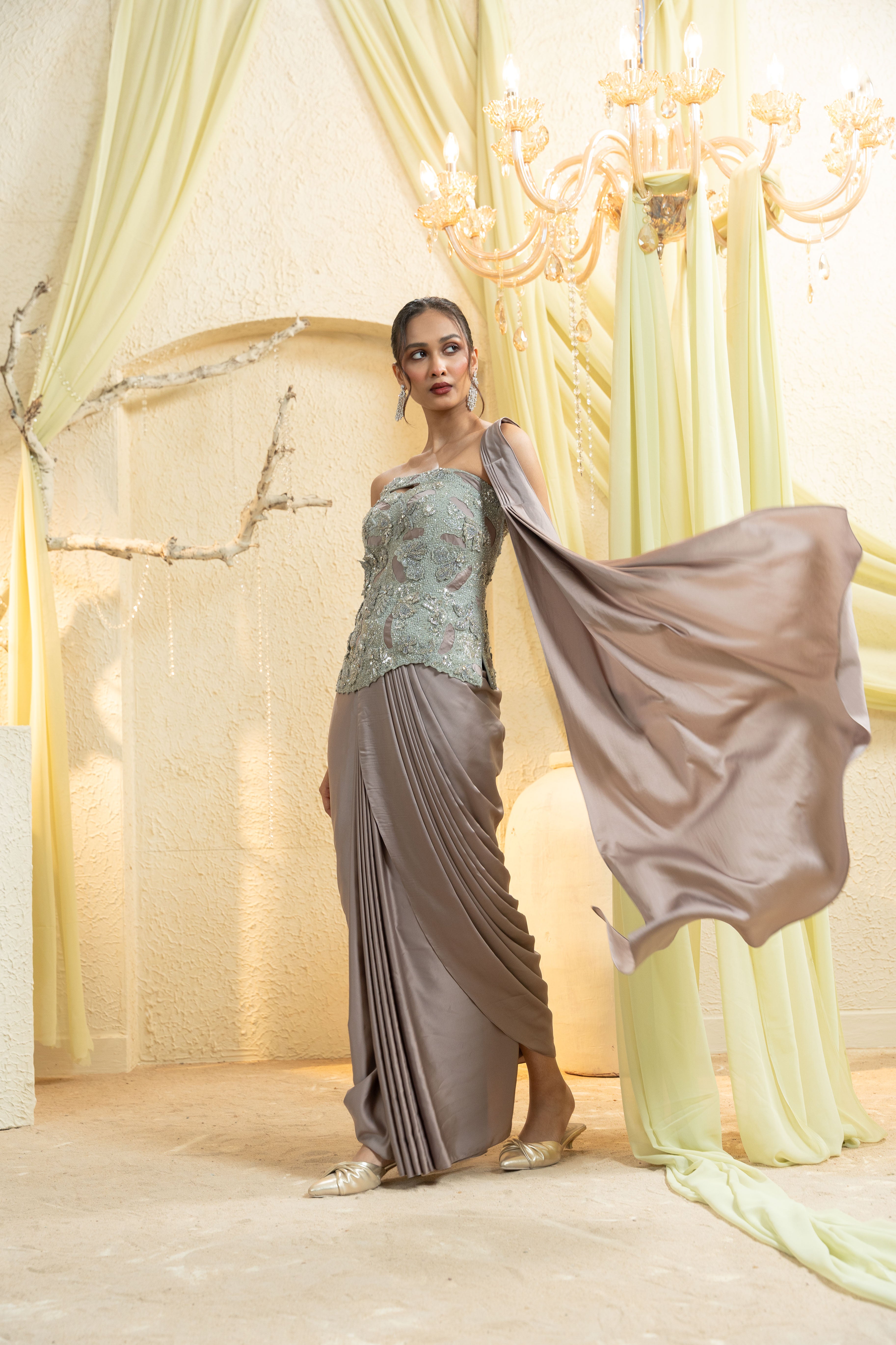 Ash Mauve Hand-Embroidered Drape Saree