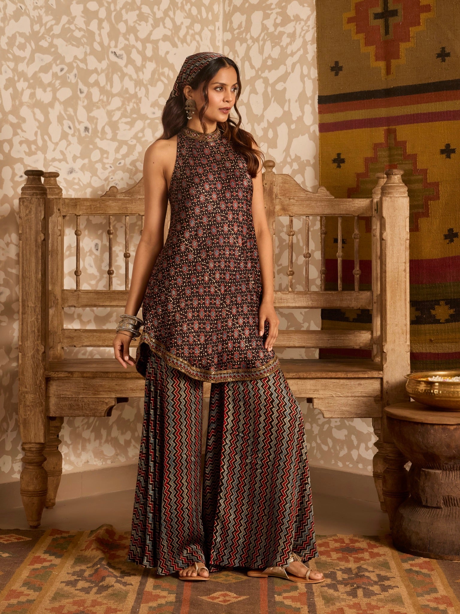 Ajrakh Halter neck tunic with sharara pants