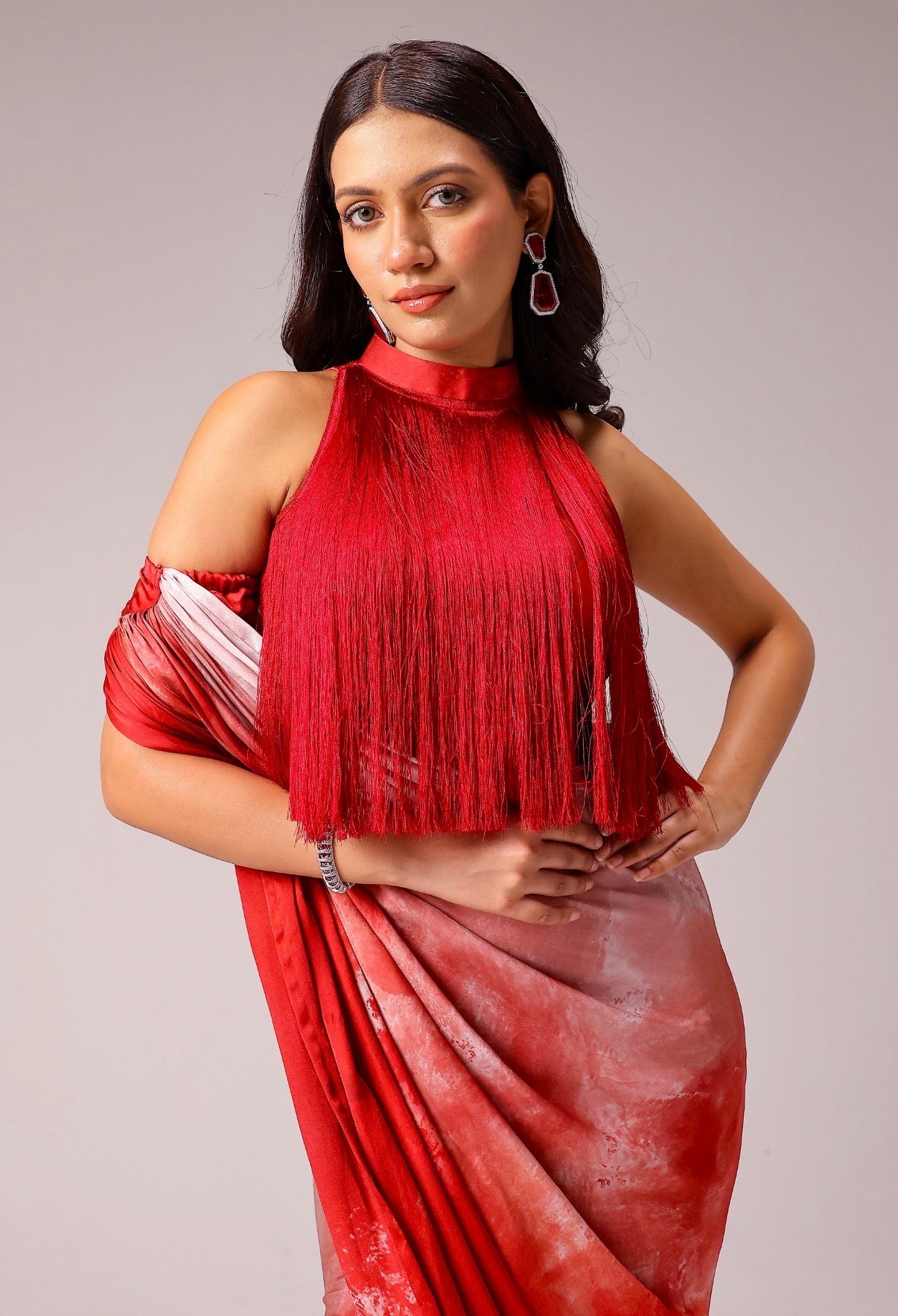 Rosette Draped Sari with Fringe Blouse